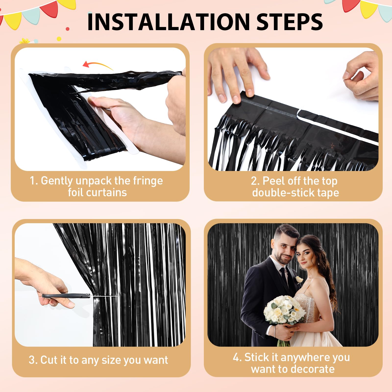 Black Tinsel Foil Fringe Curtains, 2 Pack Photo Backdrop Party Decor