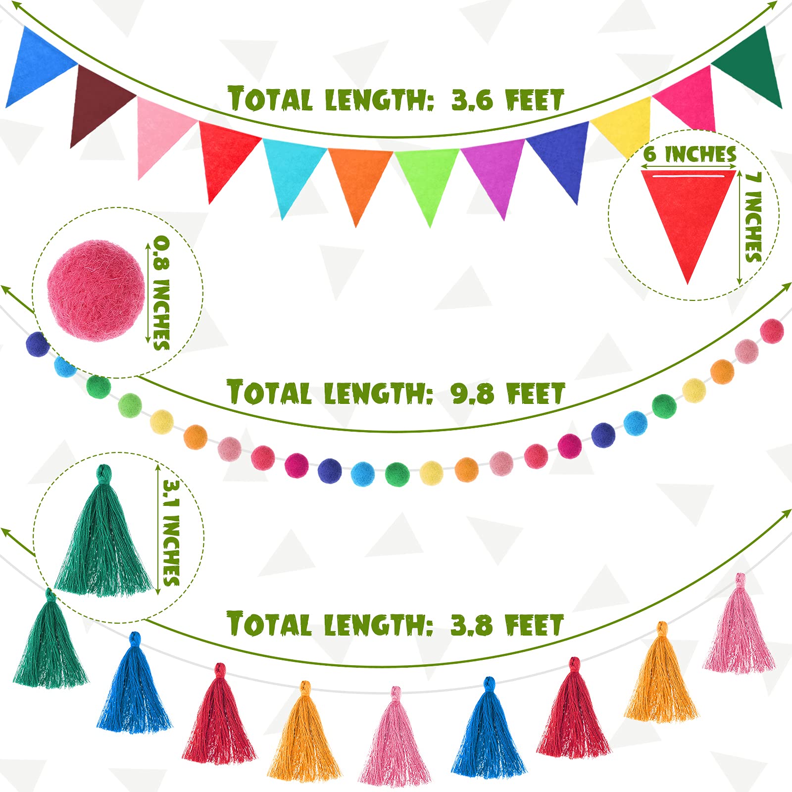 Irenare 4 Pcs 9.8 ft Pom Pom Garland Pennant Triangle Banner Flags, Rainbow