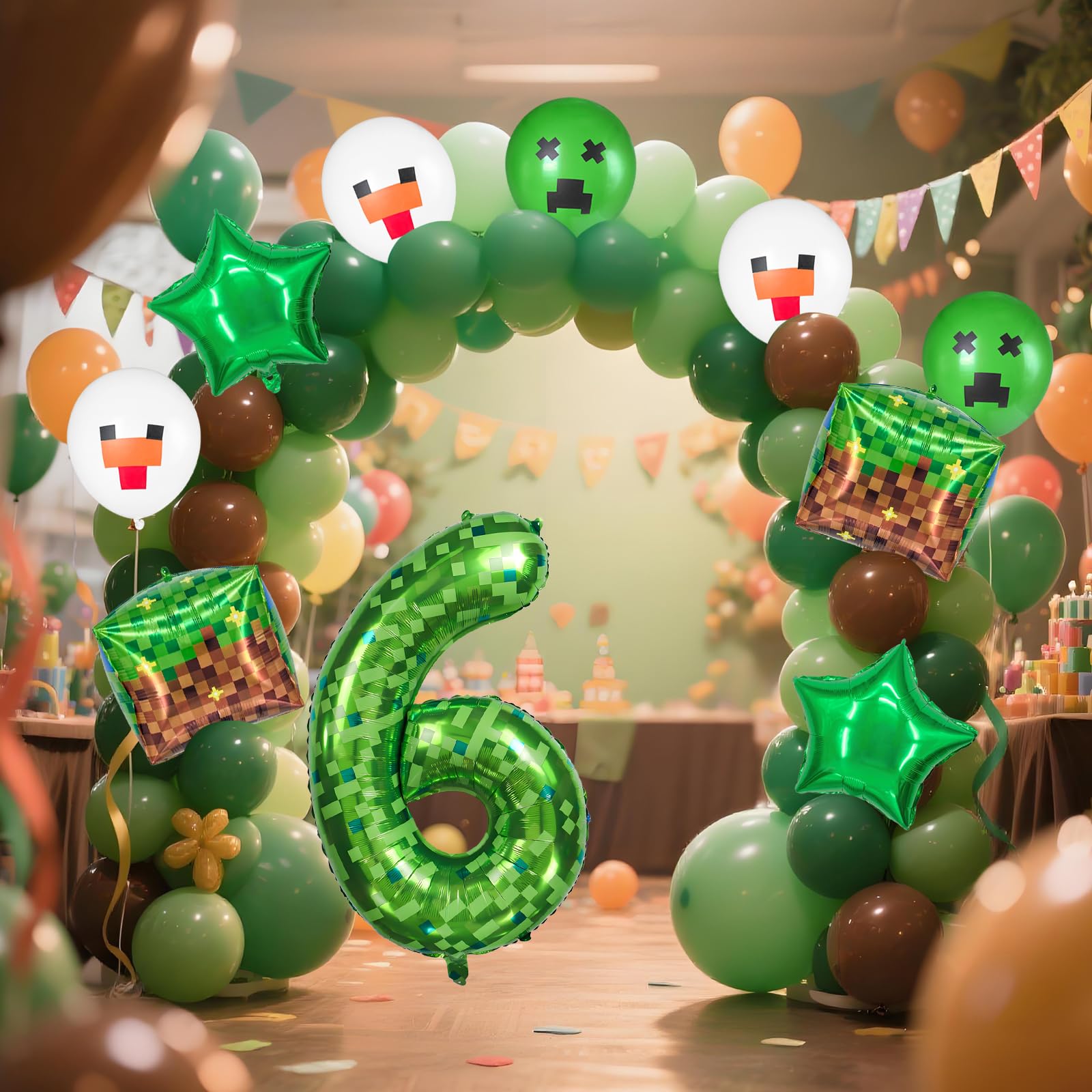 FJZEPIN 40 Inch Giant Green Pixel Miner Themed Number Foil Balloons, Mining Green Birthday Party Decorations Bundle 0-9 Optional Kids Anniversary Balloon Party Supplies (Number 6)