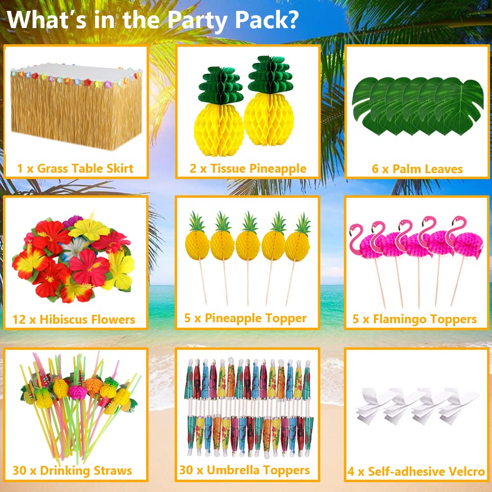 Tropical Luau Party Decorations Set Hawaiian Beach Theme Party Favors Luau Party Supplies with 9ft Luau Grass Table Skirt, Palm Leaves, Hibiscus Flowers, 3D Fruit Straws, Flamingo and Pineapple Décors