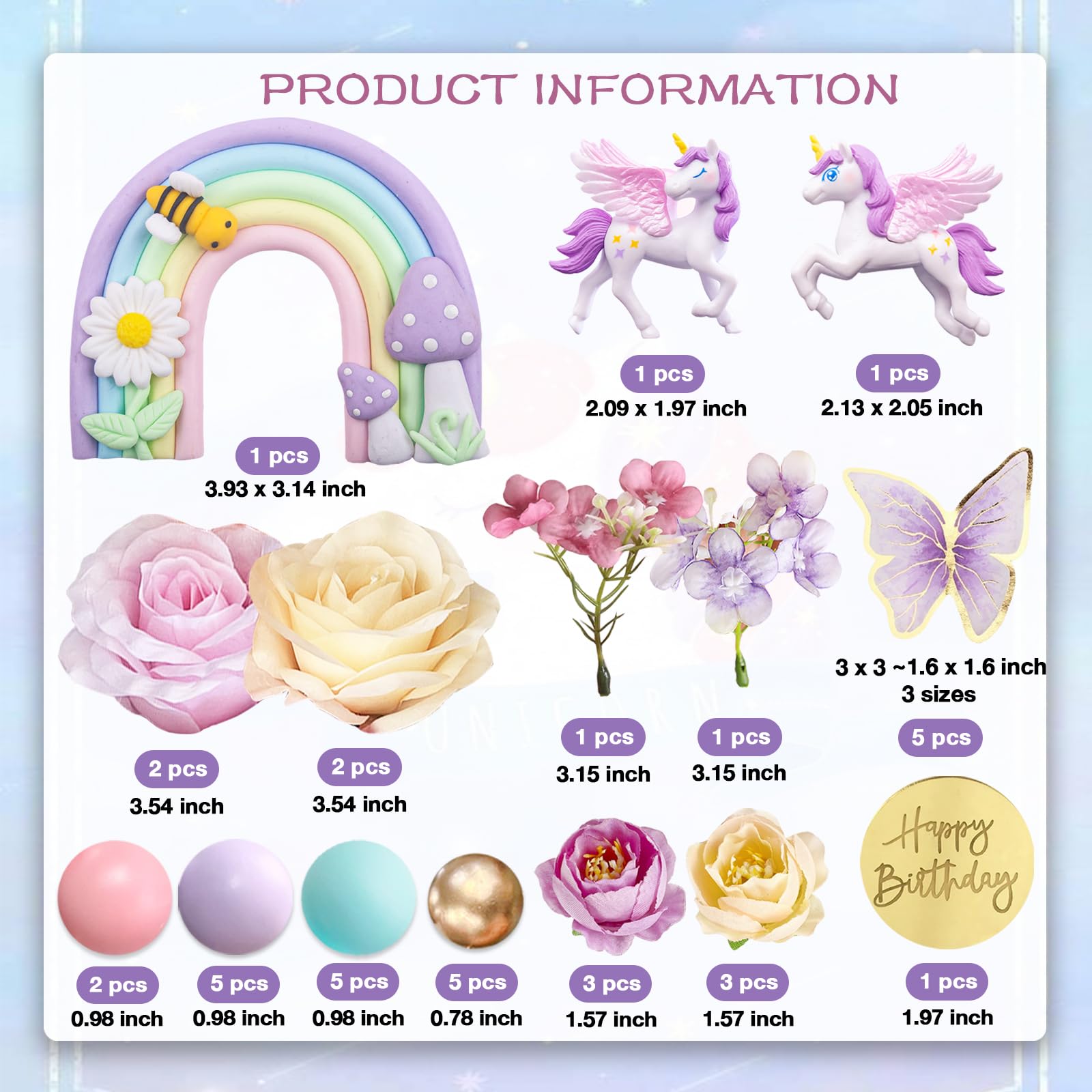 UFROMSKY 38pcs Unicorn Cake Toppers Rainbow Cake Decorations, Flower Birthday Decor with Butterflies and Mini Balls for Boys and Girls Unicorn Theme Party Supplies