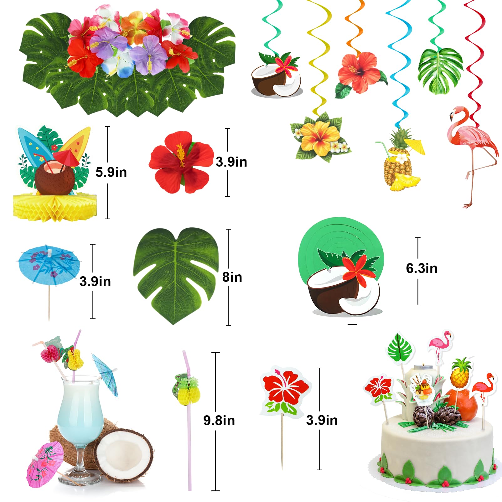 153Pcs Hawaiian Aloha Luau Party Decorations, Tropical Summer Beach Birthday Supplies Grass Table Skirt Hanging Swirl Aloha Balloon Garland Honeycomb Centerpiece Hibiscus Palm Leaves Straws CakeTopper