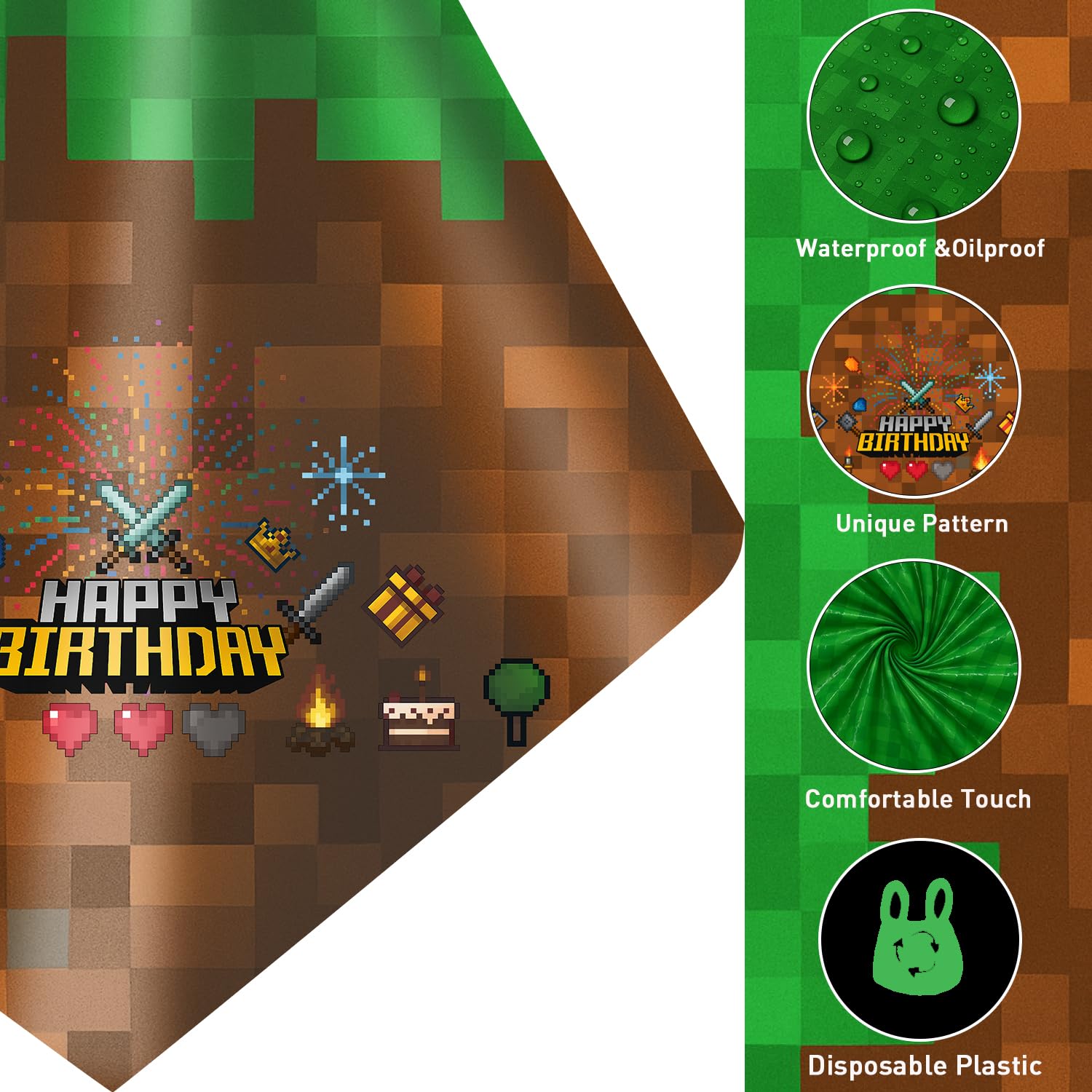 byojia 8Pcs Pixel Miner Party Decorations Tablecloth, 54" x 108" Gamer Birthday Tablecloth Disposable Plastic Pixel Gaming Birthday Decorations Table Cover for Kids Gamer Party Supplies