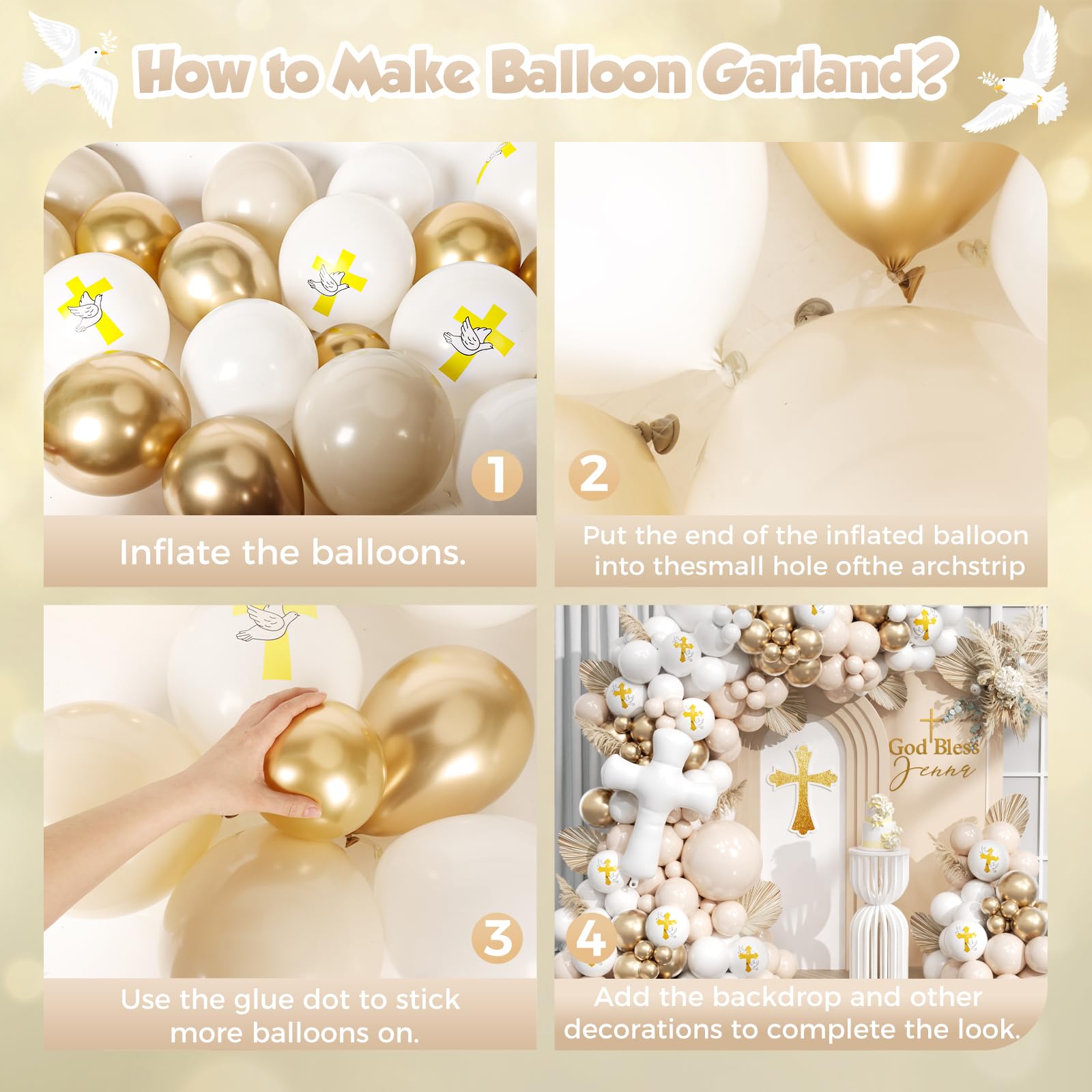 PTGOLUO First Communion Balloon Garland Kit 153Pcs, Baptism Balloon, White Sand Gold Nude Bautizo Balloons Arch Kit for First Holy Communion Baptism God Bless Christening Party Birthday Supplies