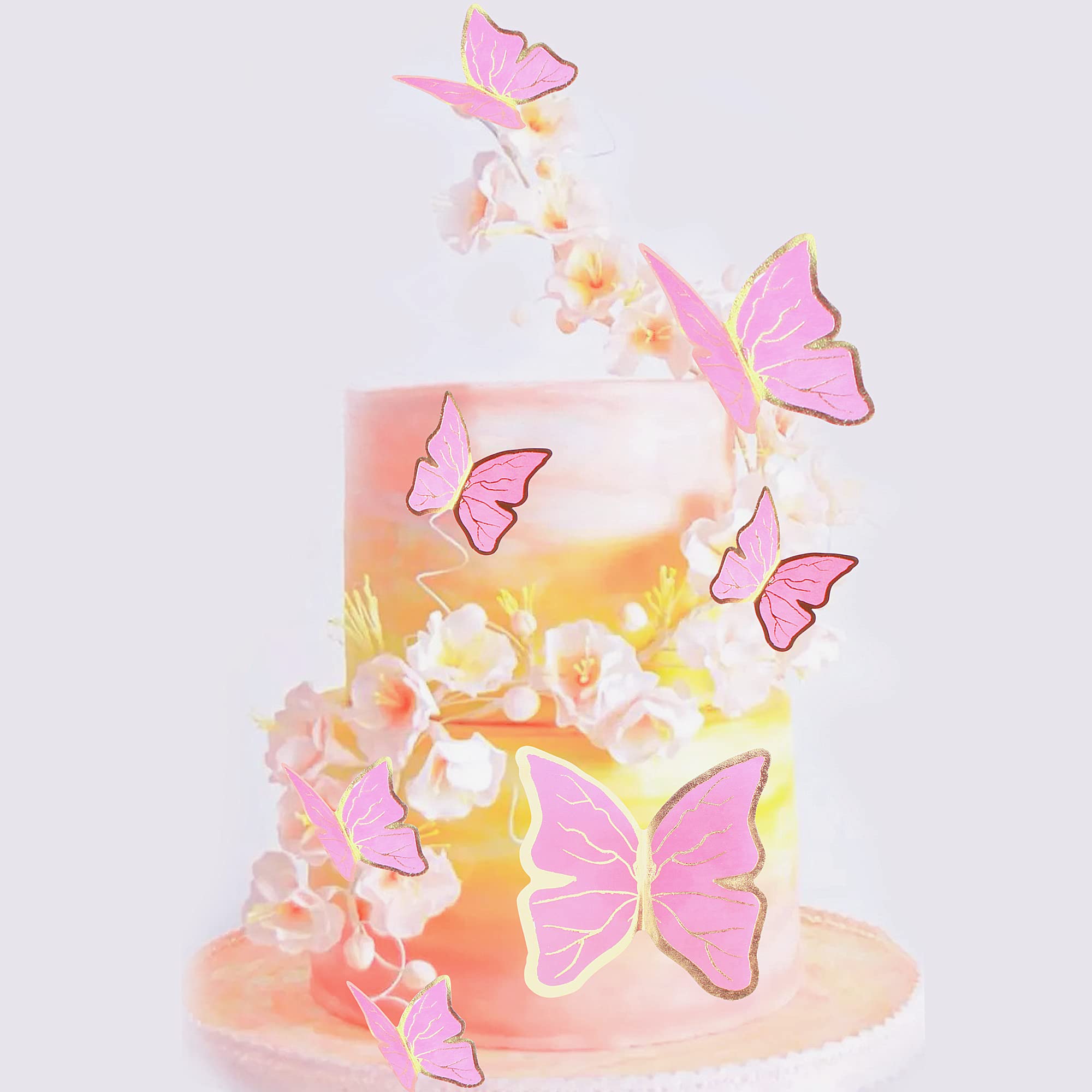 30Pcs Golden Pink 2D Waterproof Butterflies Cake Topper Transparent Butterfly Cupcake Picks for Floral Cake Decorations Girls Pink Birthday Wedding Cake Ornament Butterfly Party Decorations