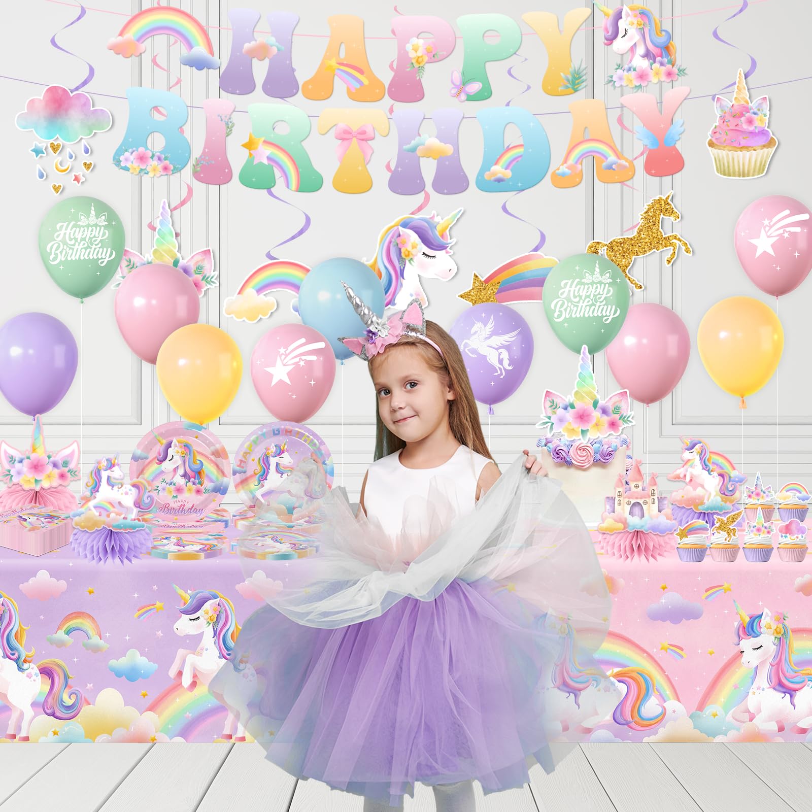 Unicorn Birthday Decorations,189pcs Unicorn Party Decorations Tableware Unicorns Plates and Napkins Cups Tablecloth Banner Hanging Swirls Cake Topper for Rainbow Girls Birthday Party Supplies,Serve 24