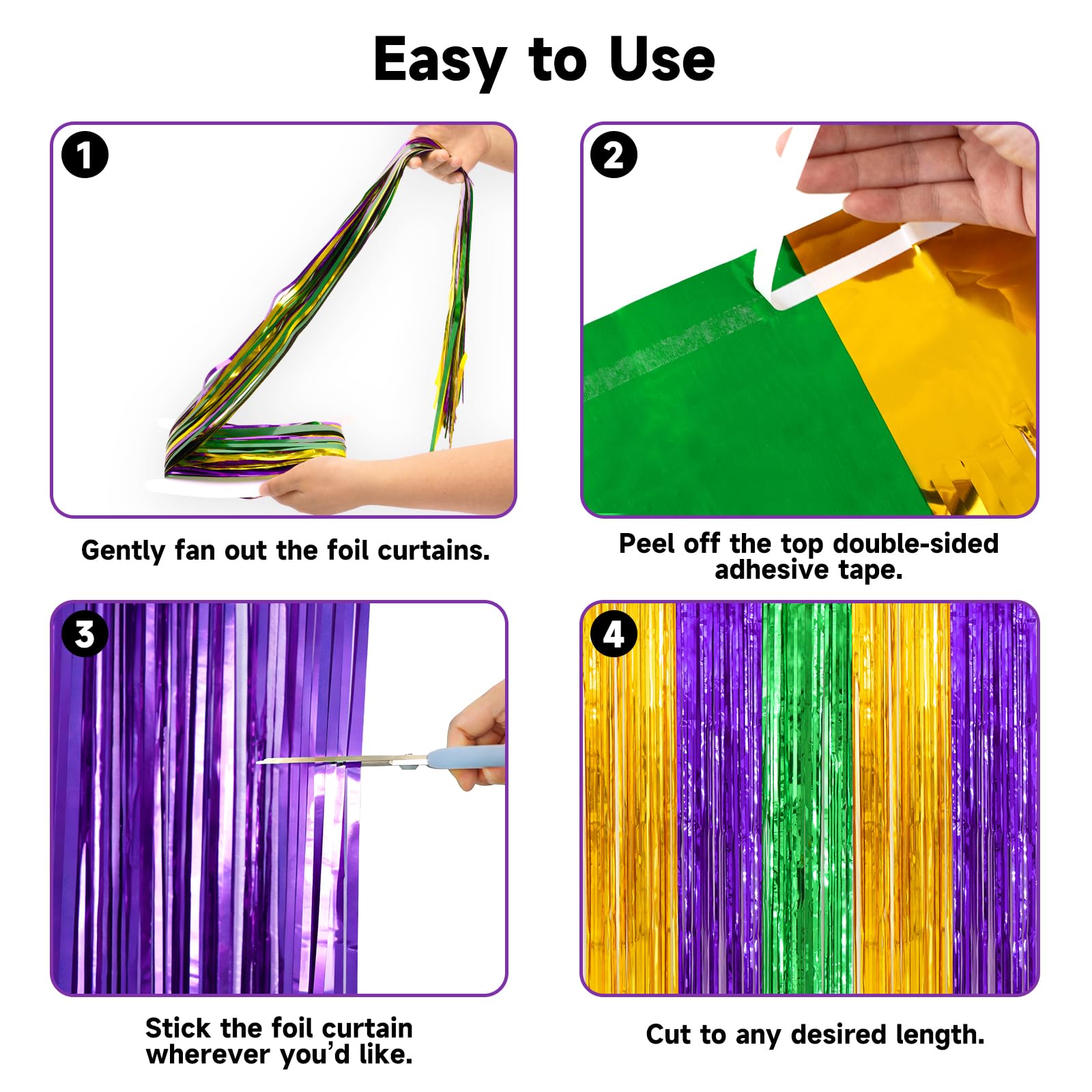 jijAcraft Purple Gold Green Tinsel Foil Fringe Curtain, 2 Pack 3.2x6.5 Feet Metallic Streamers Photo Booth Backdrop for Mardi Gras Carnival New Orleans Theme Birthday Graduation Disco Decorations