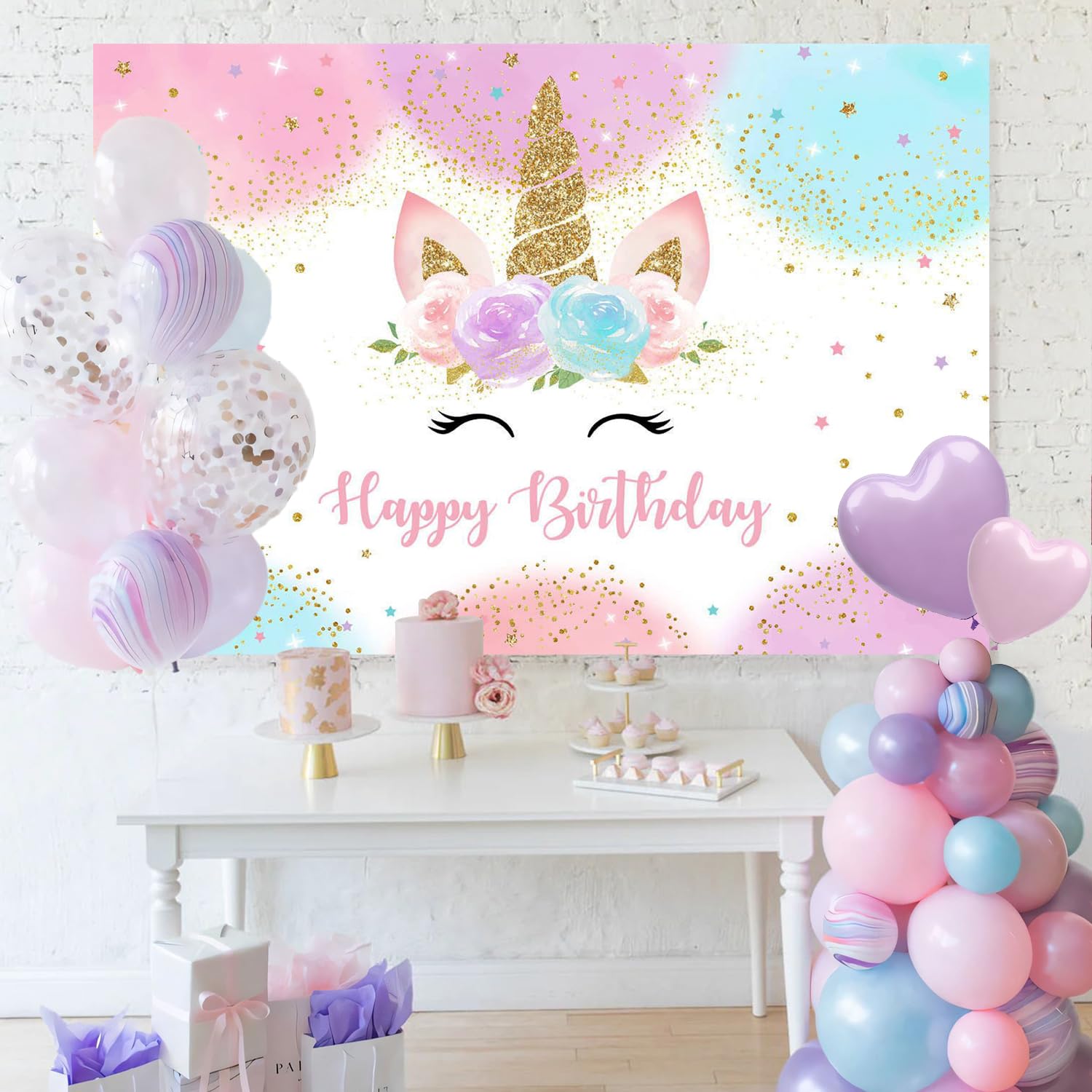 Mocsicka Unicorn Backdrop Birthday Decorations for Girls 5x3ft Pastel Rainbow Unicorn Happy Birthday Banner Party Decorations Photo Booth Props