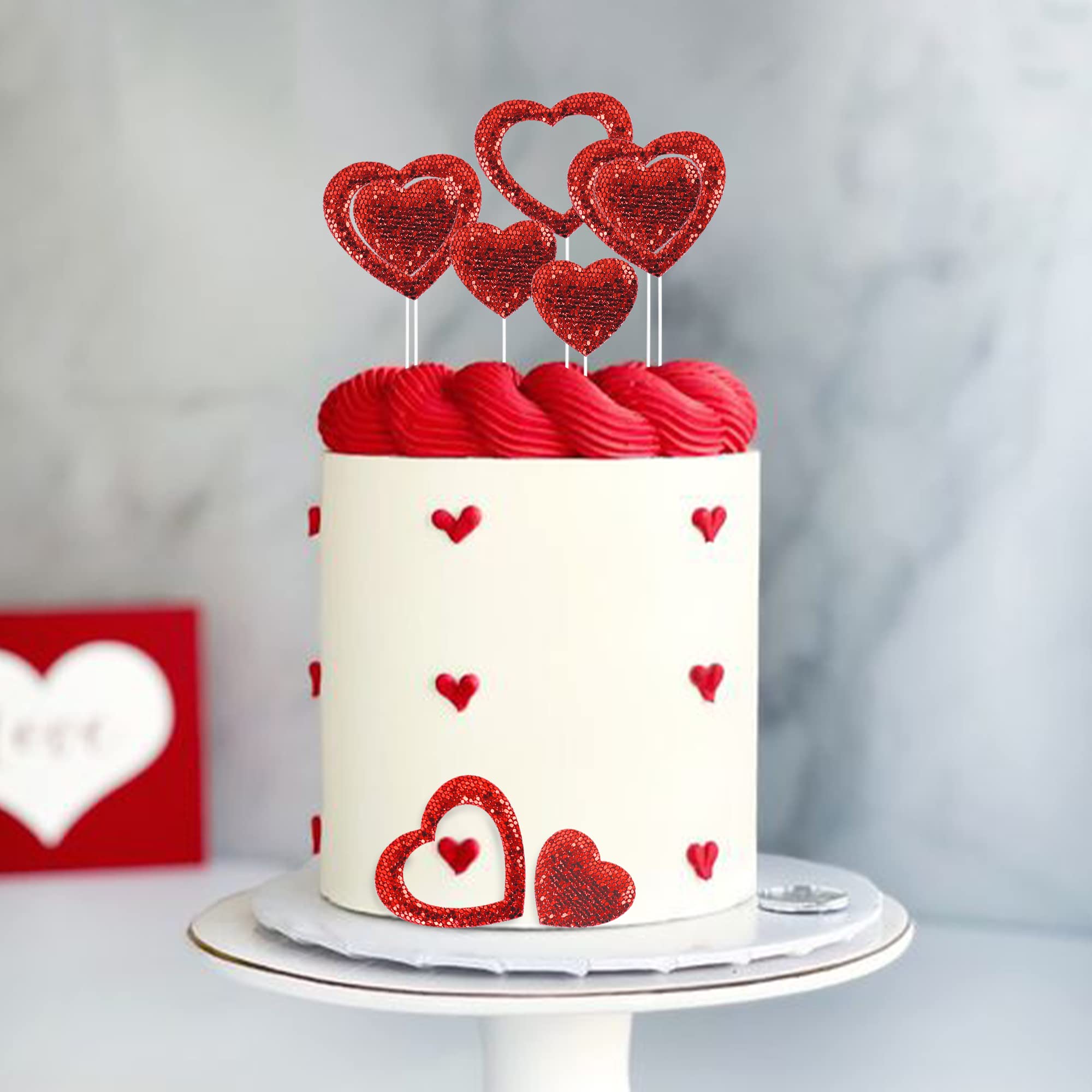 Ercadio 10 Pack Happy Valentine's Day Heart Cake Toppers Felt Red Heart Cake Toppers Happy Valentine's Day Cake Picks for Wedding Bridal Shower Party Theme Cake Decor Supplies