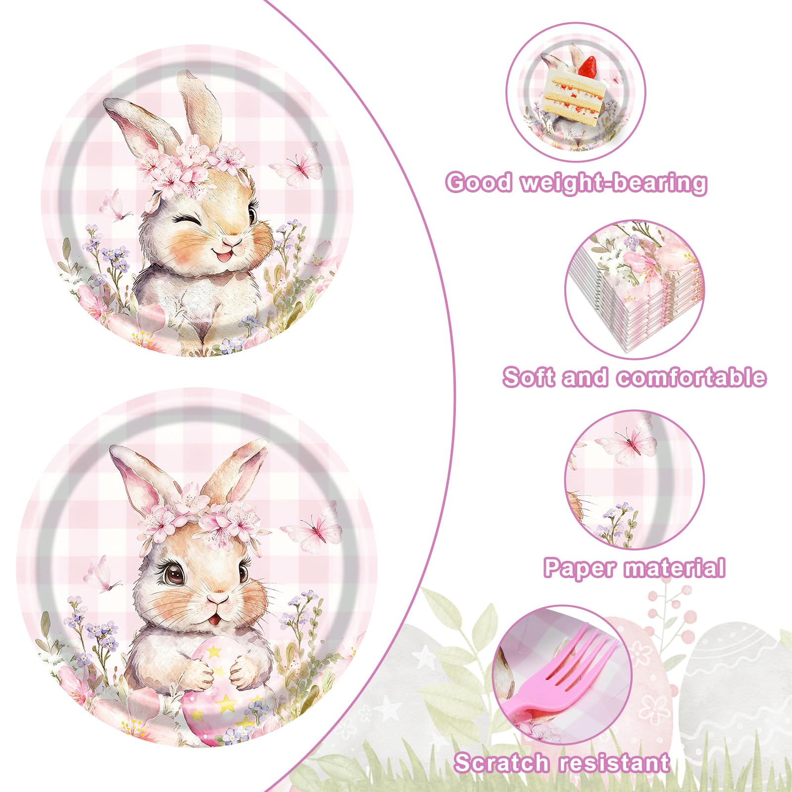 100 Pieces Easter Bunny Party Tableware Set – Pink Plaid Floral Rabbit Plates, Napkins and Forks, Spring Disposable Dinnerware for Easter Party, Birthday and Baby Shower Supplies