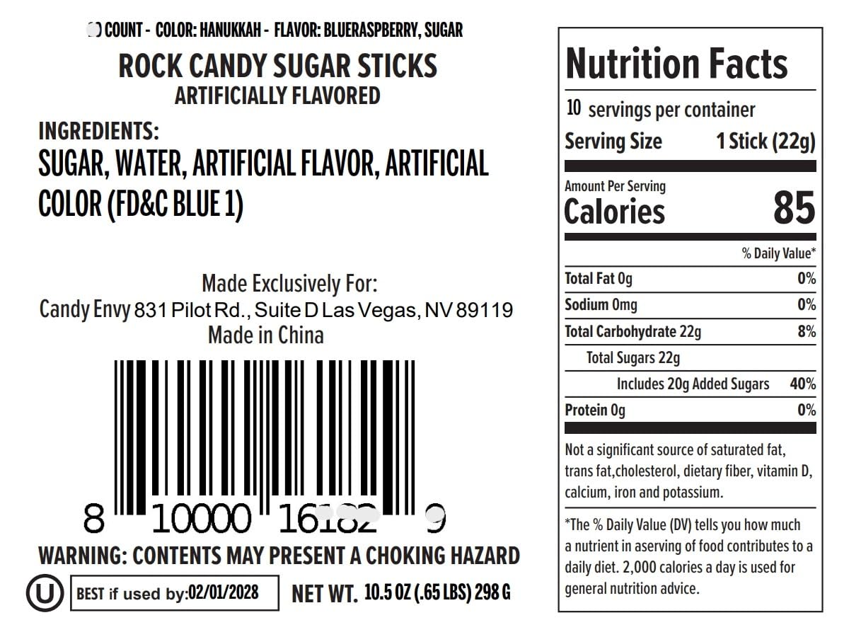 Hanukkah Rock Candy Sugar Sticks - Kosher Certified - 10 Individually Wrapped - Blue & White Candy Party Favors