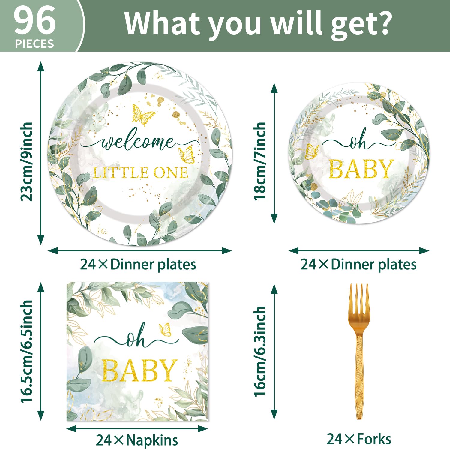 Sage Green Baby Shower Decorations - 96PCS Sage Plates and Napkins Party Supplies Welcome Little One Green Baby Shower Disposable Paper Tableware Set Serves 24 Guests