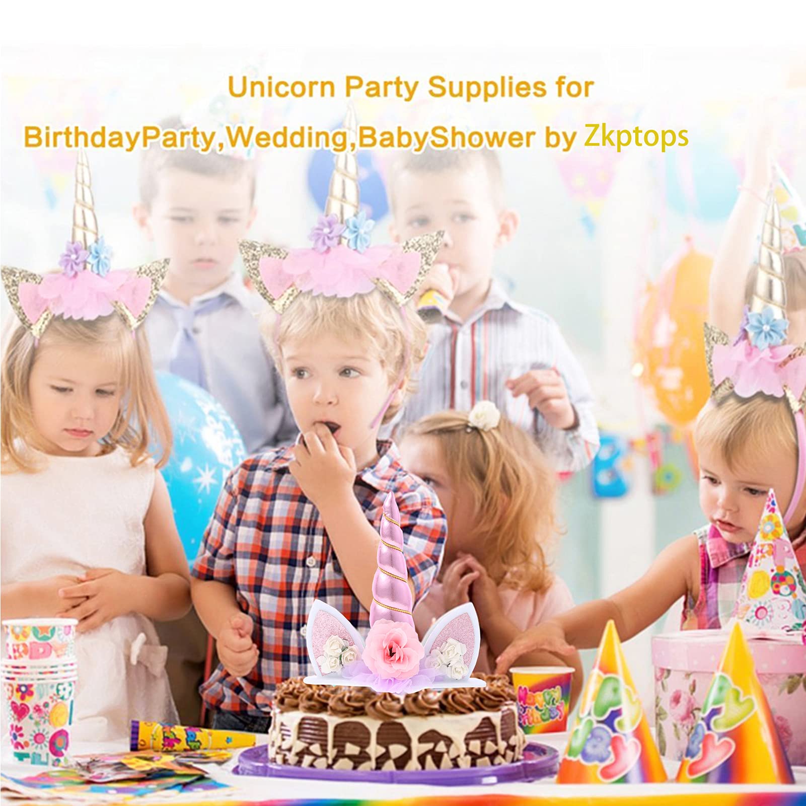 Unicorn Cake Topper Birthday Party Supplies Cute Handmade Cake Decoration Pink Unicorns Horn Cake Topper Decorations for Girls First Birthday Cake Accessories with Eyelashes, 5.8 Inch