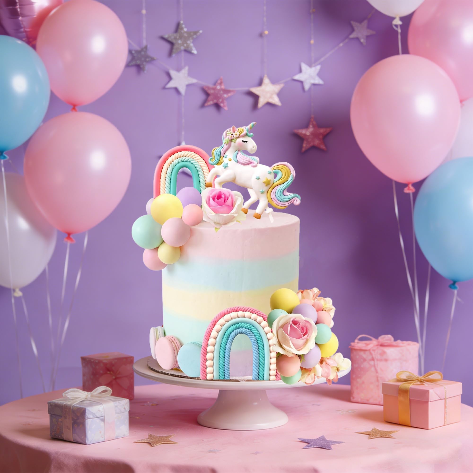 Unicorn Cake Topper Rainbow Flower Cake Decorations, Flowers Balls Decor for Girls Boys Birthday Party Boho Rainbow Unicorns Theme Party Supplies