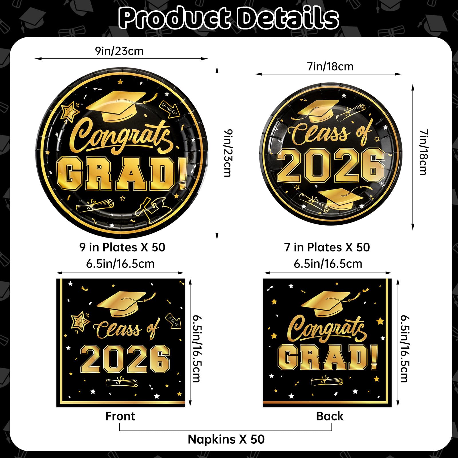 Litmitfu 150 Pcs Graduation Plates and Napkins 2026 - Black Gold Congrats Grad Class of 2026 Paper Dessert Dinner Plates Napkins Set for Graduation Party Decorations Supplies Table Decor, Serves 50