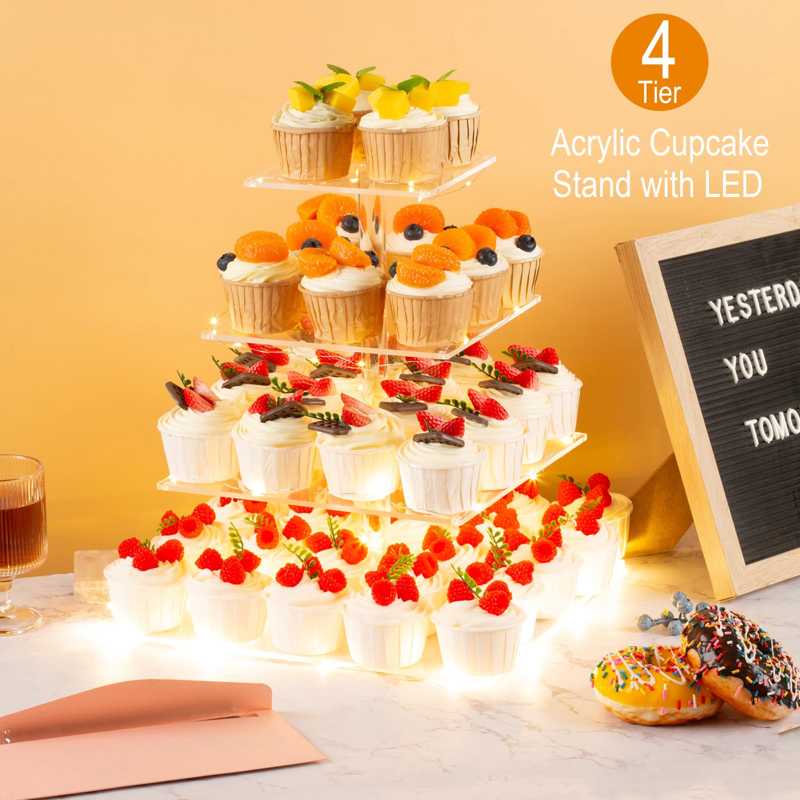 4 Tier Cupcake Stand Cupcake Holder with LED, Acrylic Square Cupcake Tower