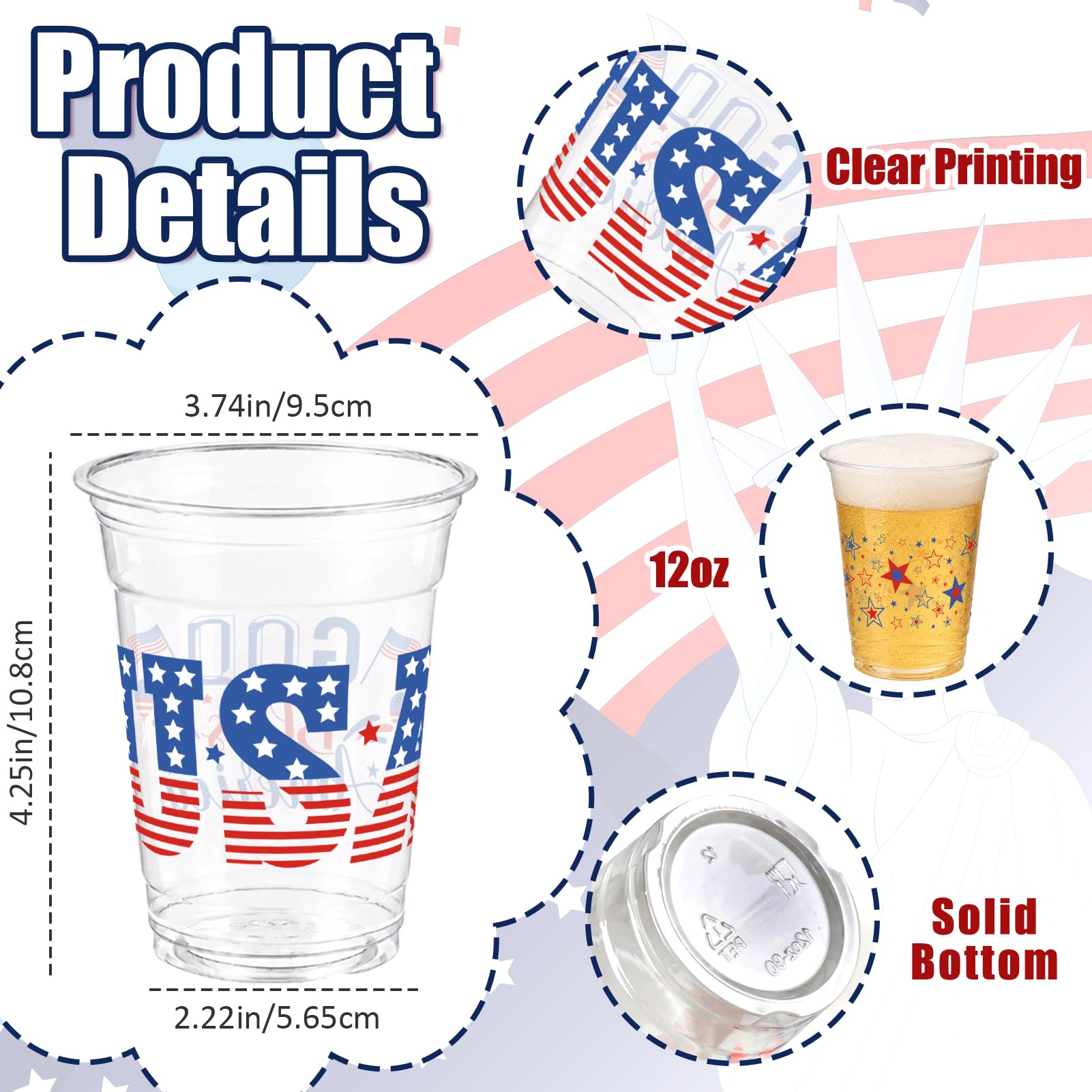 GuassLee 50pcs 250th Anniversary 4th of July Party Cups Plastic Disposable Cups for Independence Day Memorial Day Party Decor Supplies (12 oz)