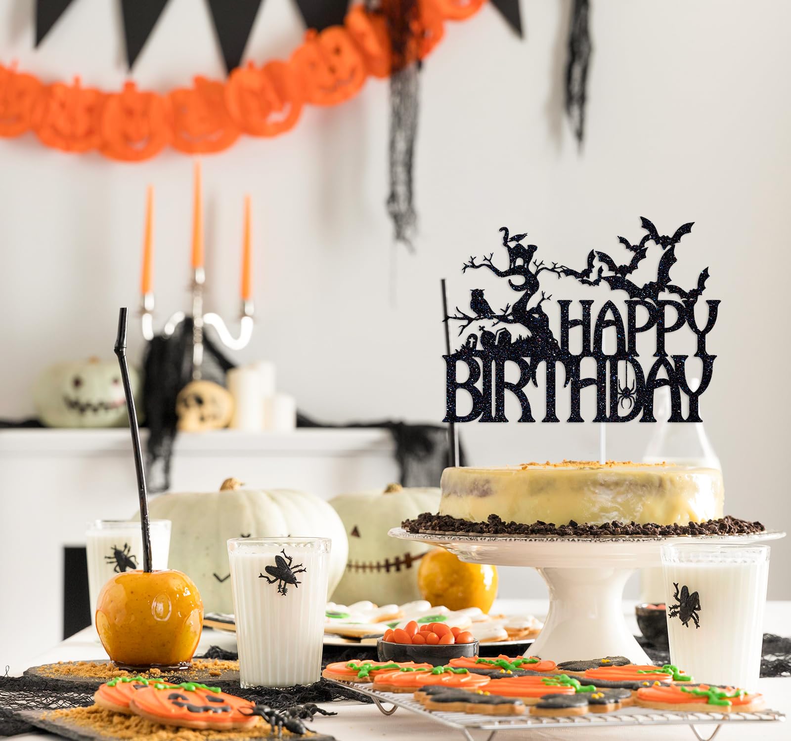 Ferastar Halloween Happy Birthday Cake Topper, Spooky Haunted House Black Glitter Cake Supplies, Creepy Birthday Themed Party Decor Black Glitter