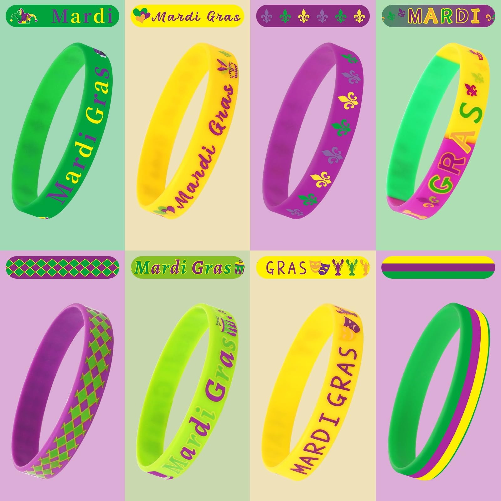 JUNEBRUSHS 64Pcs Mardi Gras Silicone Bracelets, Mardi Gras Throws Rubber Wristbands for Mardi Gras Carnival Party Supplies Decorations Goodie Bag Stuff Fillers Accessories