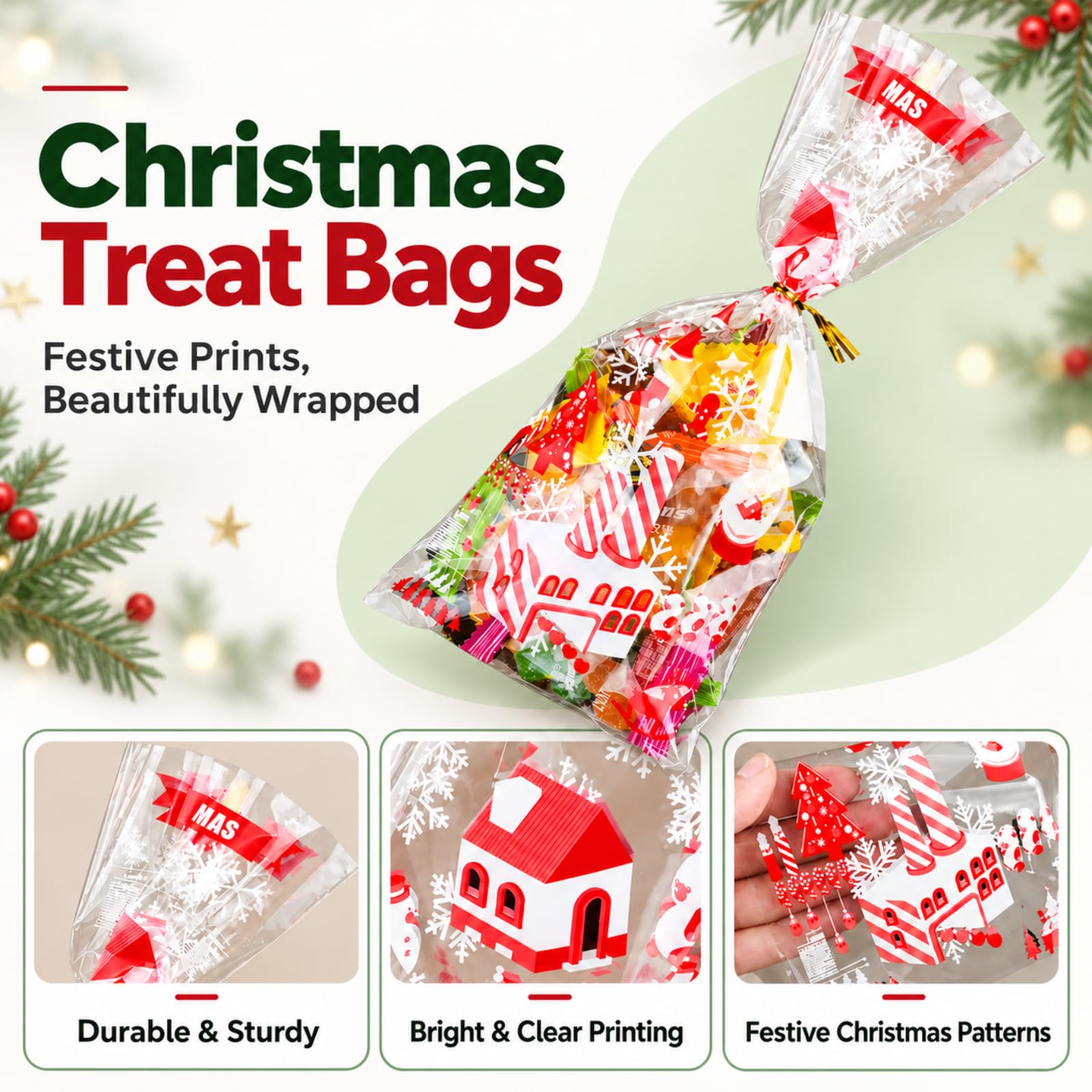 Yixiang 200 PCS Christmas Cellophane Goody Bags Assortment for Holiday Treats, Party Favors, Cello Candy Bags, Christmas Gifts, Party Supplies