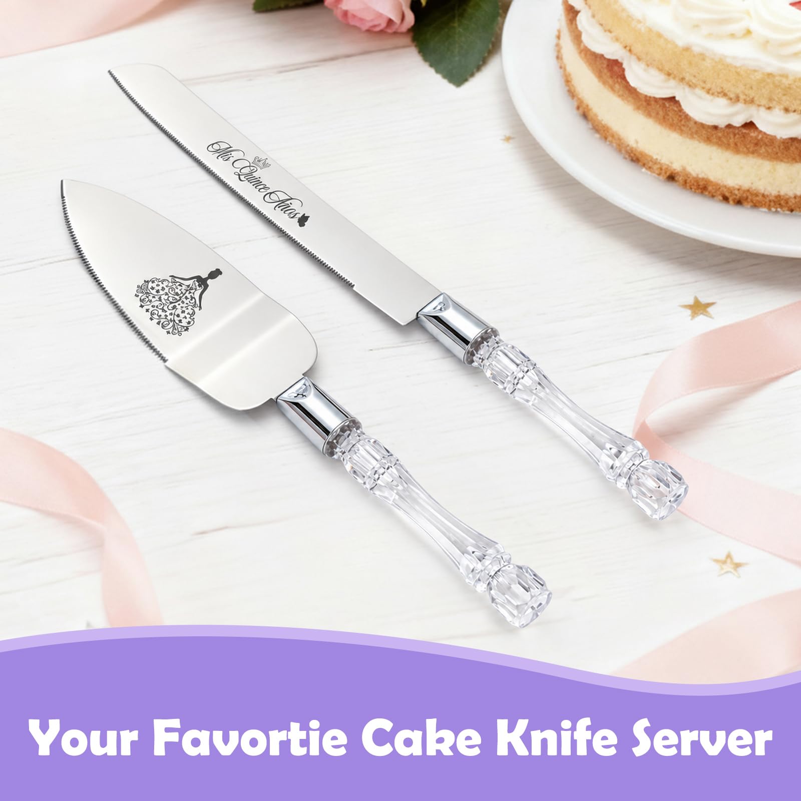 CQNET Mis Quince Años Quinceanera Cake Knife and Server Set - Sweet 15 Birthday Gifts for Girls, Feliz 15 Anos Party Decorations & Keepsake, Stainless Steel Cutting Set with Crystal Handles, Silver