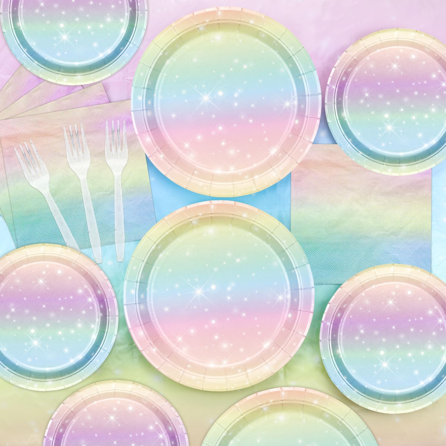 QUERICKY Pastel Rainbow Party Supplies for 20 Guests, Disposable Tableware Set includes Pastel Paper Plates, Napkins, Forks, Tablecloth for Girls Birthday Party, Baby Shower Party