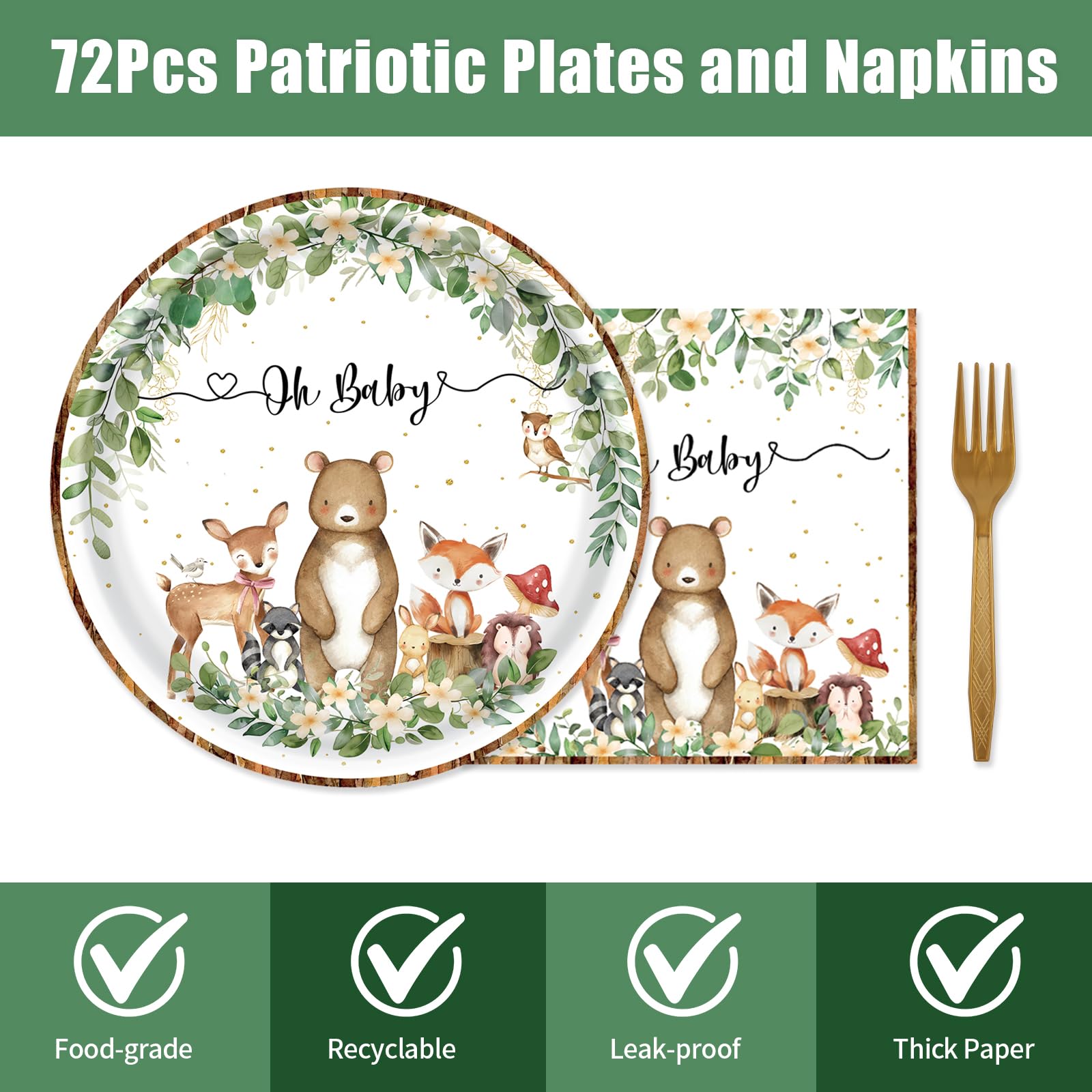 72PCS Woodland Baby Shower Plates and Napkins, Forest Animal Paper Plates and Napkins with Forks Disposable Tableware Set for Boys Girls Safari Jungle Animal Birthday Party Decorations