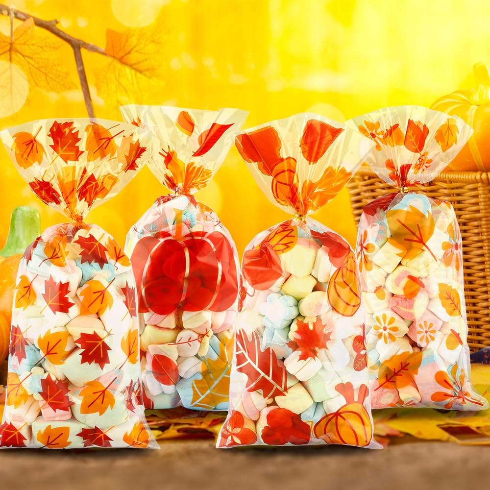 Fall Thanksgiving Treat Bags,100Pcs Thanksgiving Fall Cellophane Treat Bags, Plastic Falls Autumn Maple Leaf Pumpkin Candy Cookies Goodie Gift Bags with Twist Ties for Thanksgivings Falls Party Favors