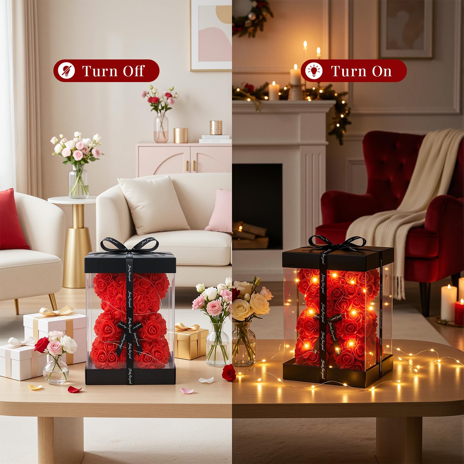 Otlonpe Preserved Artificial Roses Flowers Bear, Forever Women Gifts for Birthday Christmas Valentines Mothers Day, 9'' Red Rose Flower Small Bear Lamp in Box, Gifts for Women Mom Grandma Daughter