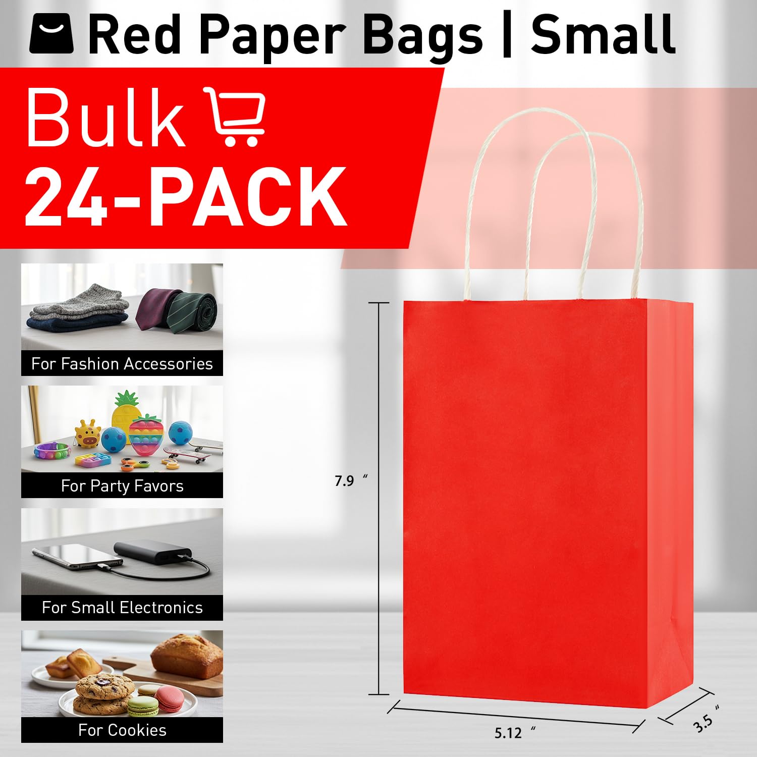SUNCOLOR 24-Pack Red Gift Bags with Handles, 8" Kraft Paper Goodie Bags for Christmas, Valentine's Day, Birthday Party Favors