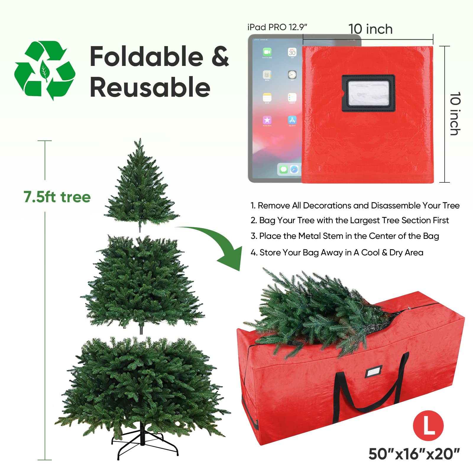 BALEINE 7.5 ft Christmas Tree Storage Bag, Heavy Duty Extra Large Artificial Christmas Tree Bag with Reinforced Handles and Dual Zippers Wide Opening (Red, 7.5 ft)