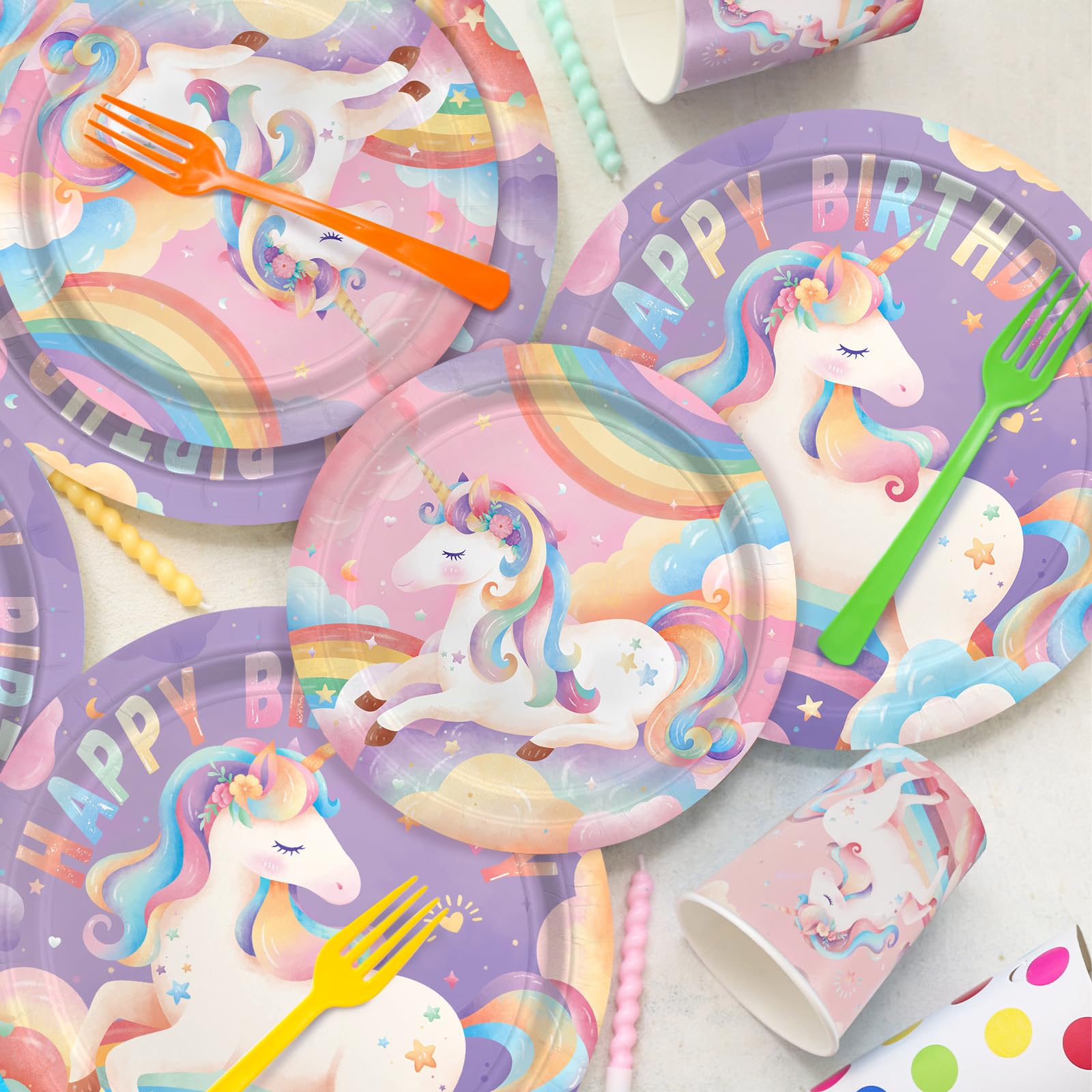 Unicorn Birthday Decorations Kit for Girl 24 Guests - for Unicorn Decorations, Includes Dinner & Dessert Plates, Napkins, Cups, Banner and Tablecloth for 1st Birthday Party Decorations