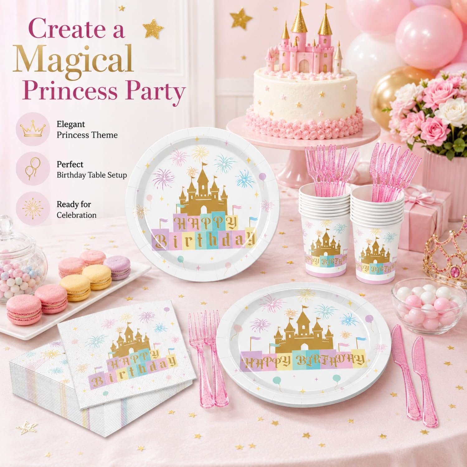 120Pcs Princess Castle Birthday Party Decorations,Pink Princess Birthday Themed Tableware,Includes Rainbow Gold Castle Paper Plates,9oz Cups,Napkins for Girls Birthday Party Supplies,Serves 20