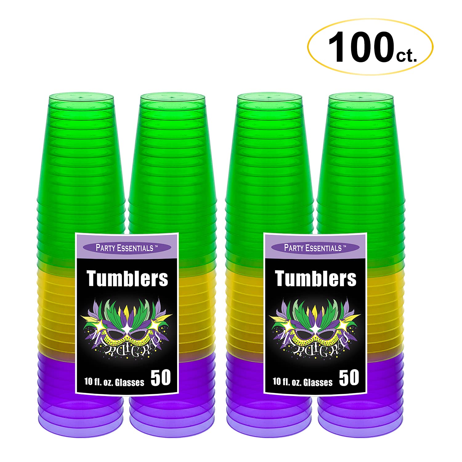 Party Essentials Hard Plastic 10-Ounce Party Cups/Drinking Glasses/Tall Tumblers, 100-Count, Mardi Gras Mix