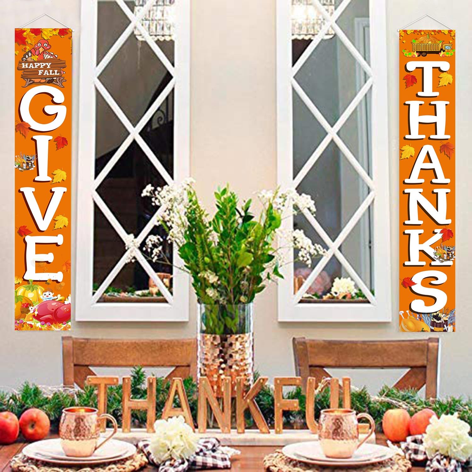 GIVE THANKS Hanging Banner Porch Sign Autumn Pumpkin Maple Leaf Backdrop Flag Fall Harvest Welcome Banner For Indoor Outdoor Wall Door Decoration Thanksgiving Party Decorations 72"x12"