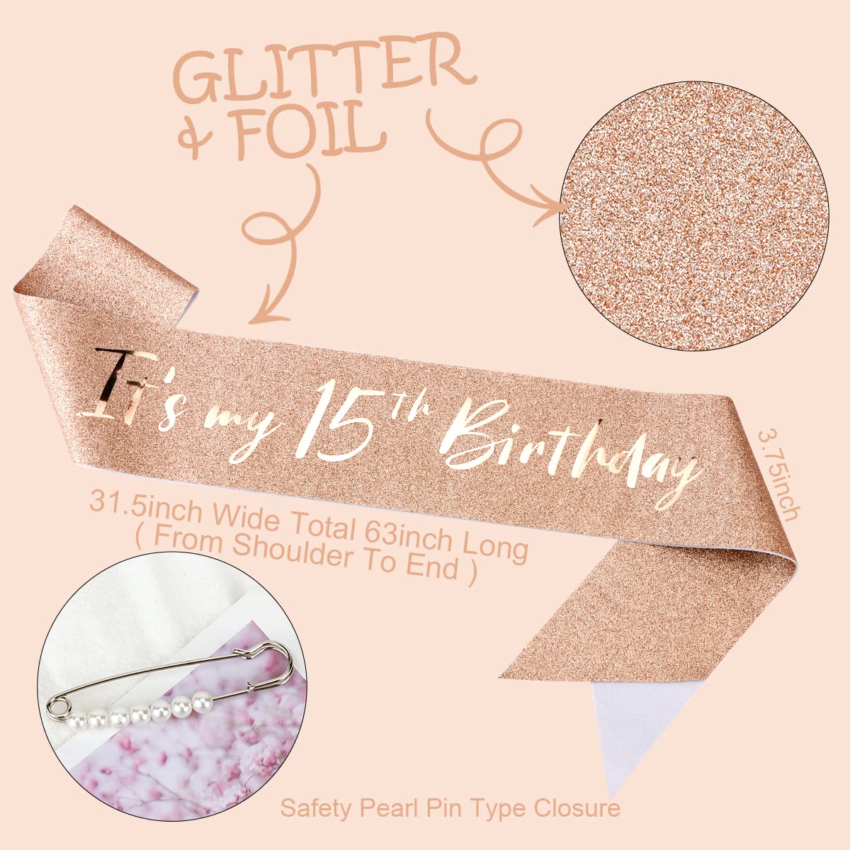 TOBATOBA 15th Birthday Decorations - Rose Gold Sash & Tiara for Quinceanera Party Favor Supplies