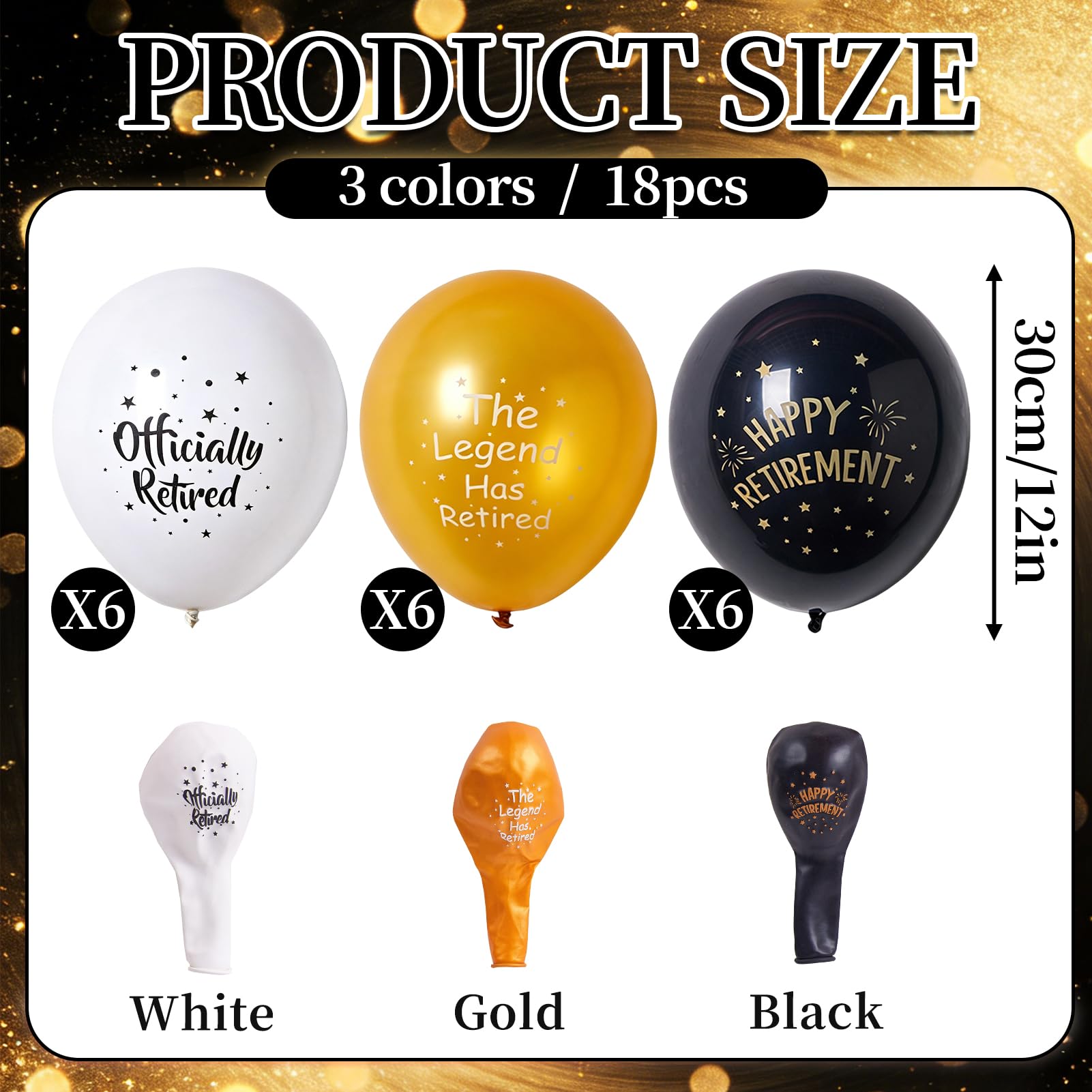 SUNBEAUTY 18 Pcs Happy Retirement Balloons With Pattern 12 Inch Black Gold and White Retirement Latex Balloons for Men and Women Resignation Theme Party Decorations