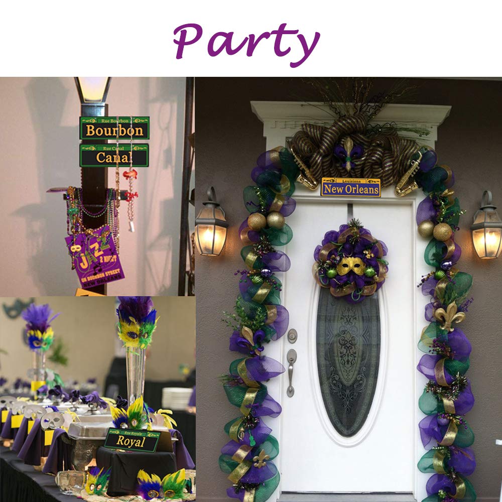 Mardi Gras Decorations 8 Set, Duplex Printed New Orleans Street Signs with 8x Metal Chains, PVC Made Mardi Gras Ornaments for Room Decor, Carnival Party Table Ornaments Tree Decoration, 4 x 12 Inch