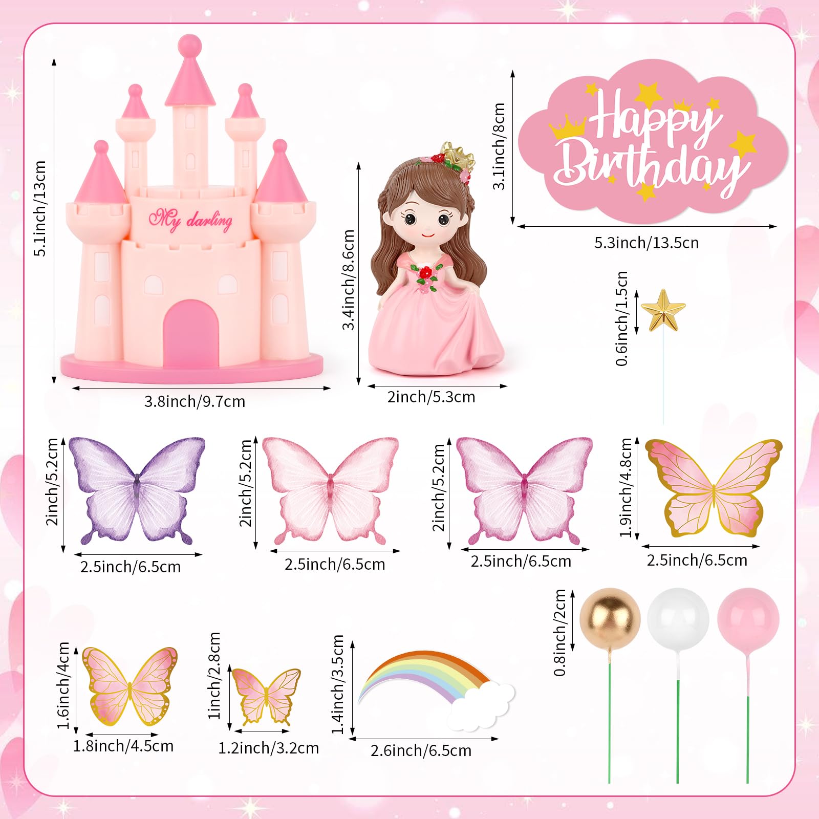 Hooqict 33PCS Princess Cake Decorations Set with Butterflies, Balls, Castle Cake Toppers & Cupcake Toppers for Girls Princess Birthday Party Decorations Tea Party Supplies