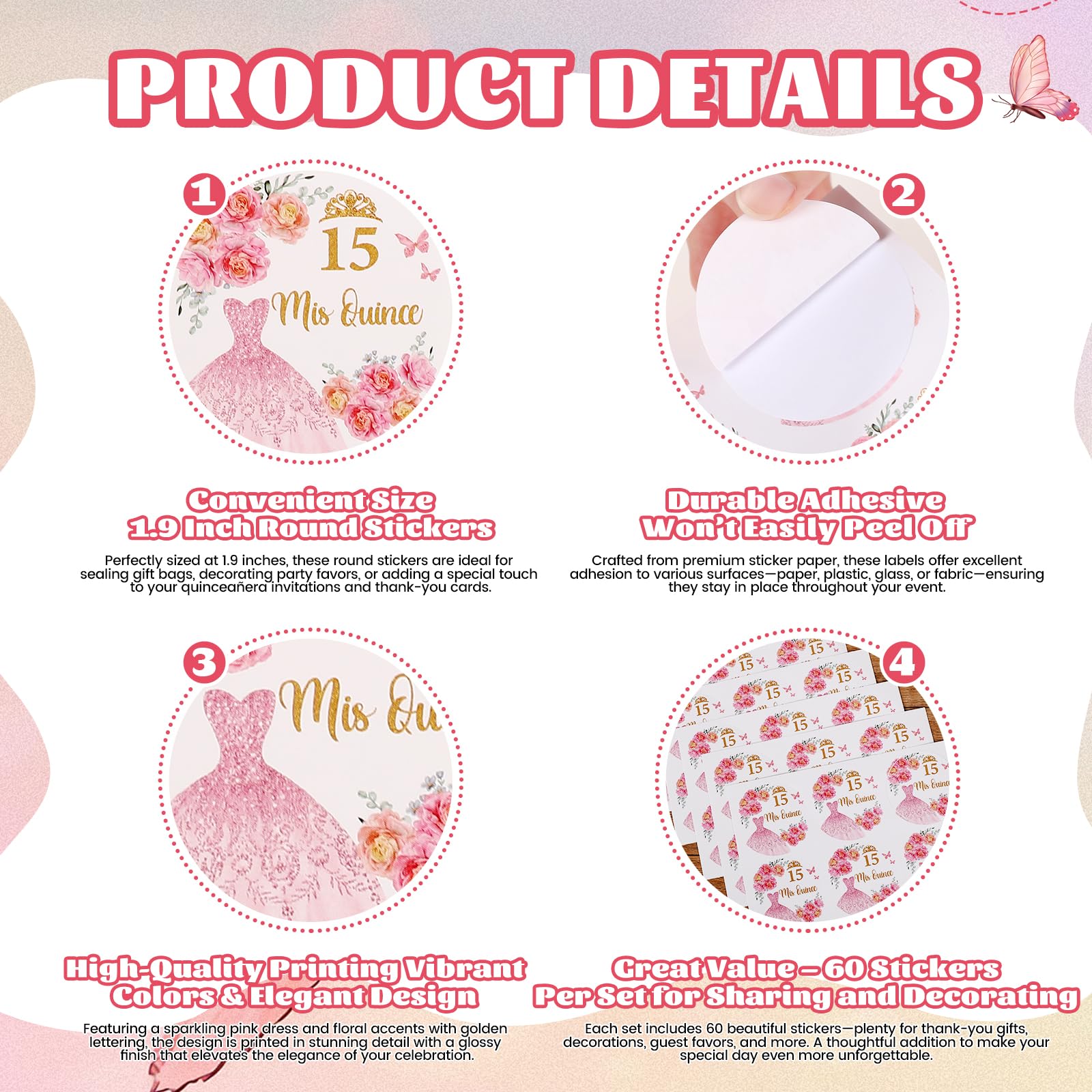 60 Pcs Mis Quince Stickers,Mis 15 Años Stickers for Quinceanera Party Favors,Recuerdos para 15 Años Quinceañeras Decorations