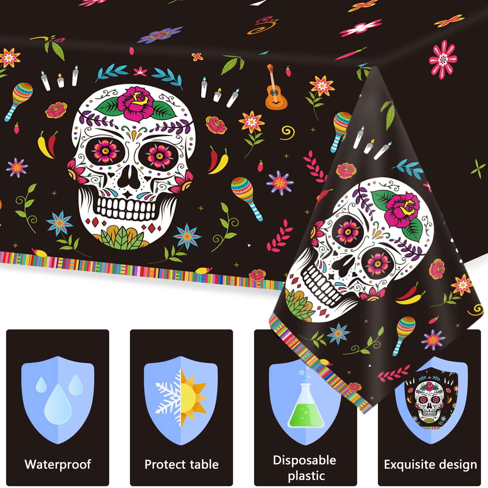 98pcs Day of the Dead Party Supplies Dia de Los Muertos Tablecloth Sugar Skull Tableware Set Plates for Mexican Fiesta Halloween Birthday Party Decor Carnival Tablecover Baby Shower Decorations Favors