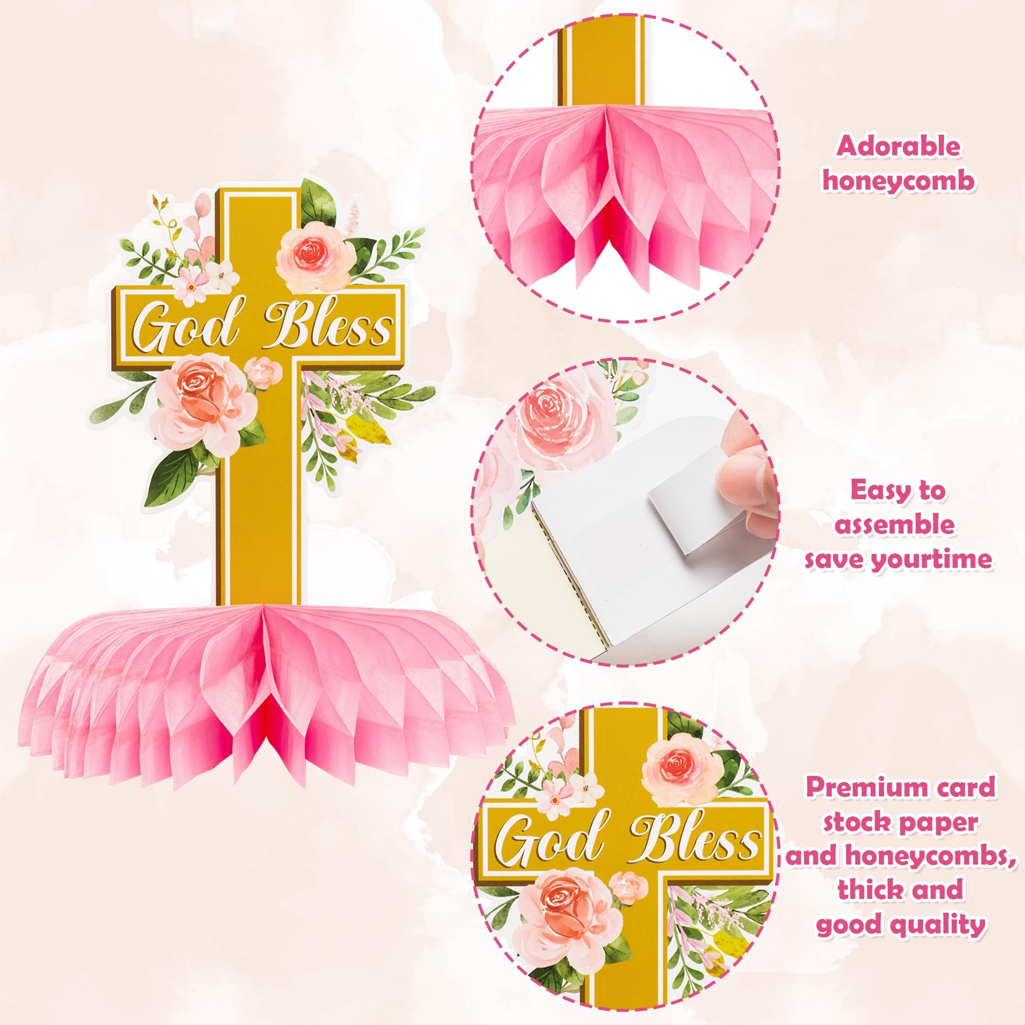 ANGOLIO 12Pcs Floral God Bless Decorations First Communion Honeycomb Centerpiece Double Sided Table Toppers for Baby Girl Baptism Party Decor Christening Celebration Religious Photo Props Decor Girls