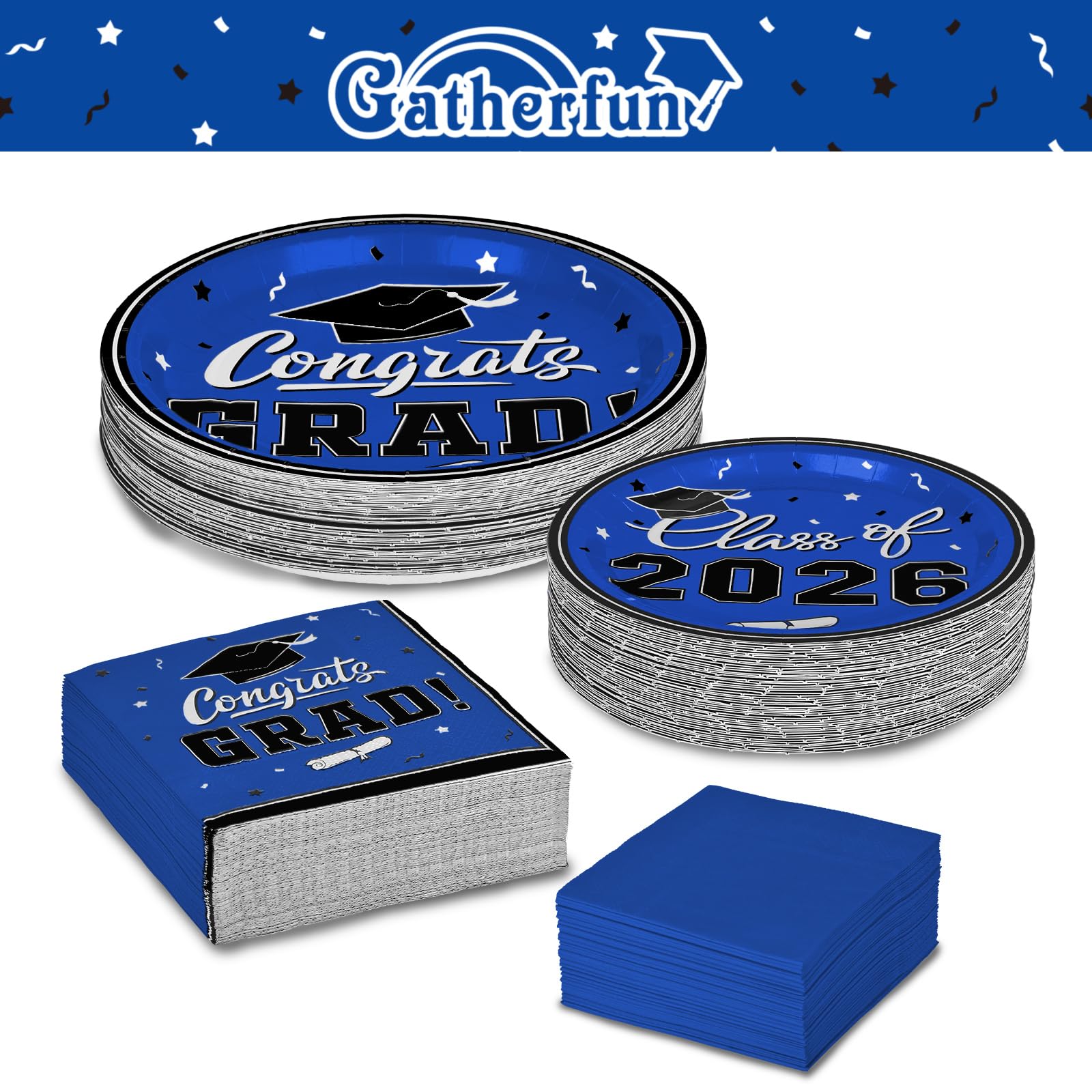 Gatherfun Graduation decorations 2026 Graduation Plates and Napkins Blue Disposable Paper Plates Luncheon Napkins Cocktail Napkins for Congrats Grad Party Decorations, Serve 50