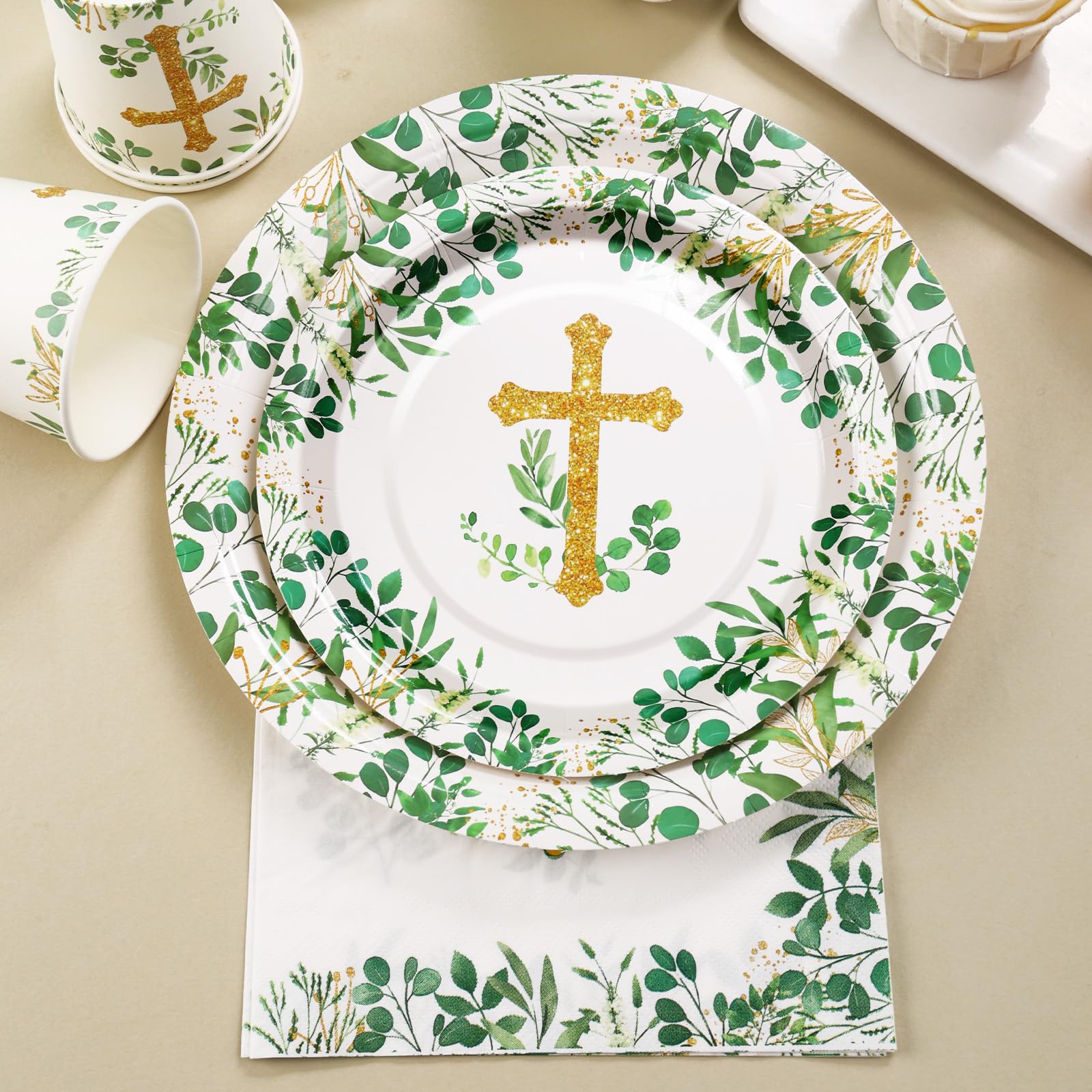 joy akkess 175 PCS Baptism Plates and Napkins Party Supplies - Baptism Decorations for Boys - God Bless Disposable Paper Plate First Communion Plates for Christening Baby Shower Party Decorations