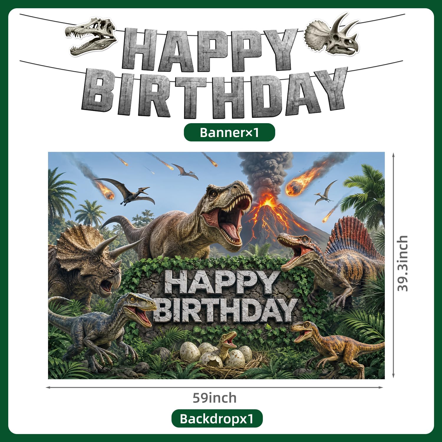 182 Pcs Dinosaur Birthday Party Decorations (Serves 24), Dino Party Decorations Include Banner Hanging Plates Napkins Cups Forks Knifes Tablecloth Topper Balloons for Party