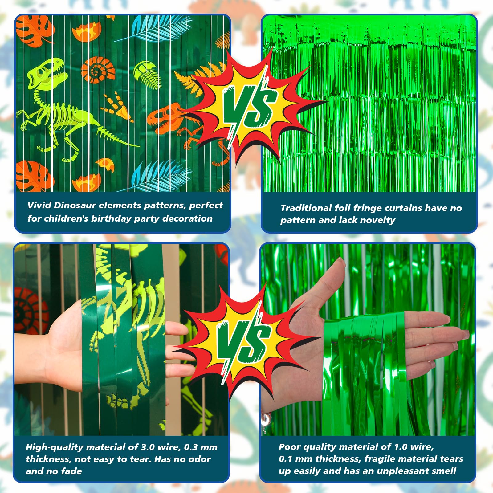 Menstarsi Dinosaur Pattern Foil Fringe Curtains, Dinosaur Backdrop, 2 Pack