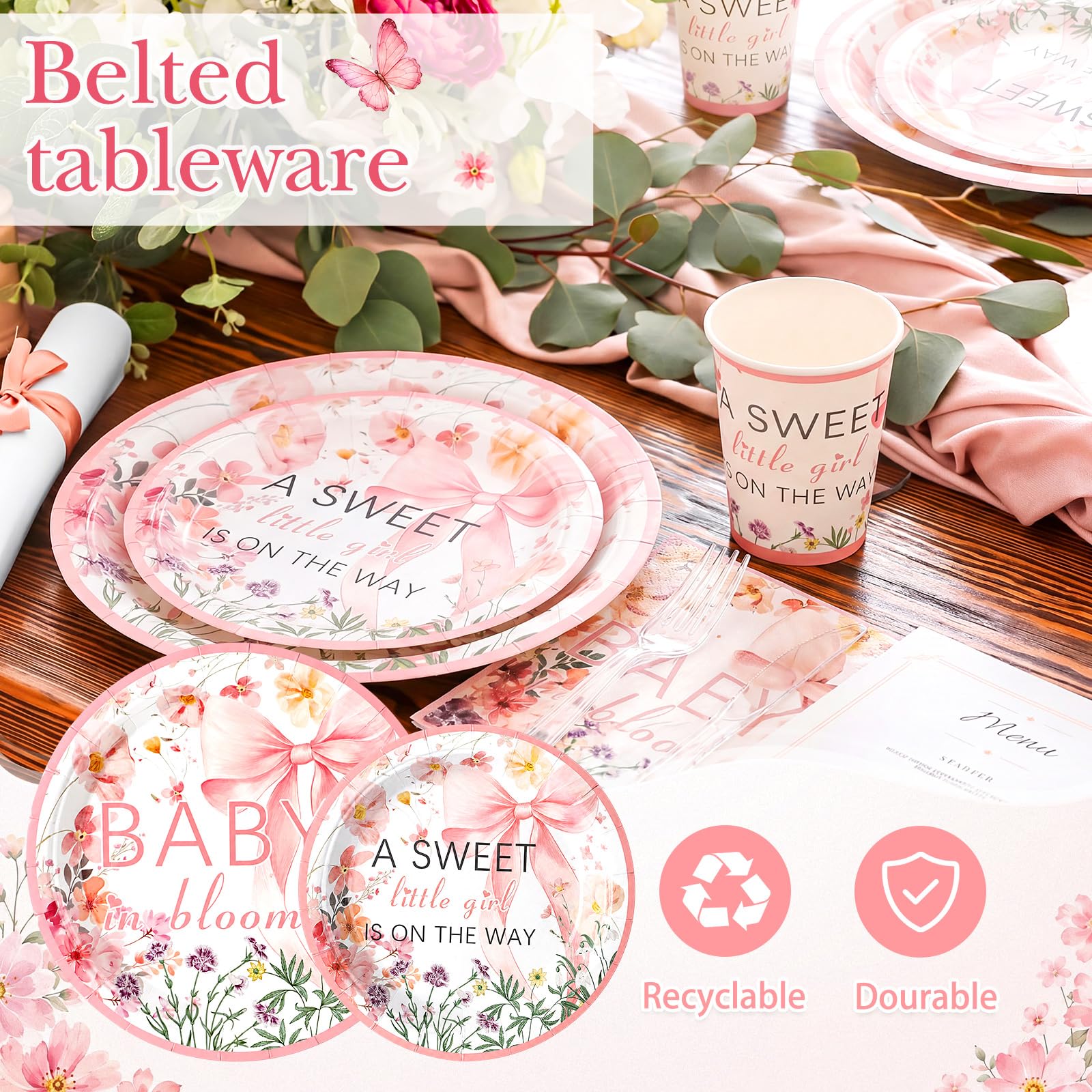 FillTouch 350 Pcs Baby in Bloom Baby Shower Party Plates Napkins a Sweet Is on The Way Paper Cups with Clear Knives Fork Spoon for Pink Bow Flower Disposable Birthday Tableware for 50 Guests