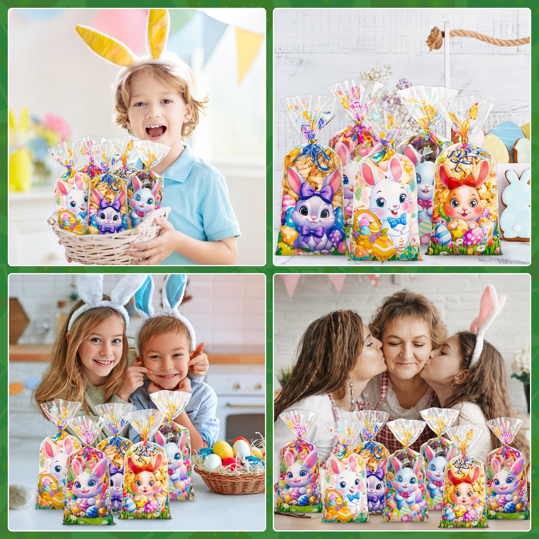 GIFOHAPY 100 PCS Easter Treat Bags with 120 pcs Twist Ties, 5 Style Cellophane Candy Bags for Kids, Sturdy Colorful Cellophane Cookie Goody Party Favor Bags for Easter Party Supply