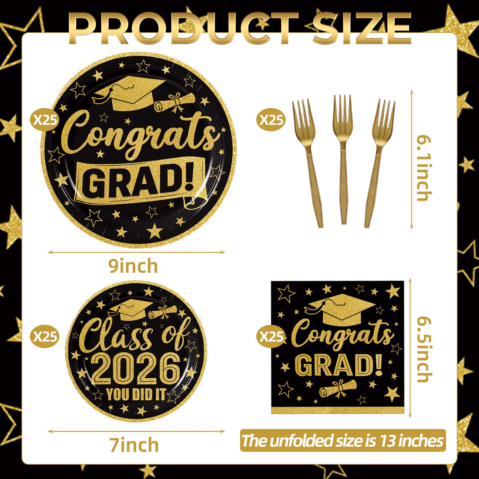 Merriva 100 Pcs Graduation Party Supplies Set, Serves 25 – Disposable Black and Gold Graduation Paper Plates, Napkins, and Forks, Congrats Grad Dinnerware for Class of 2026, Prom Party Decorations