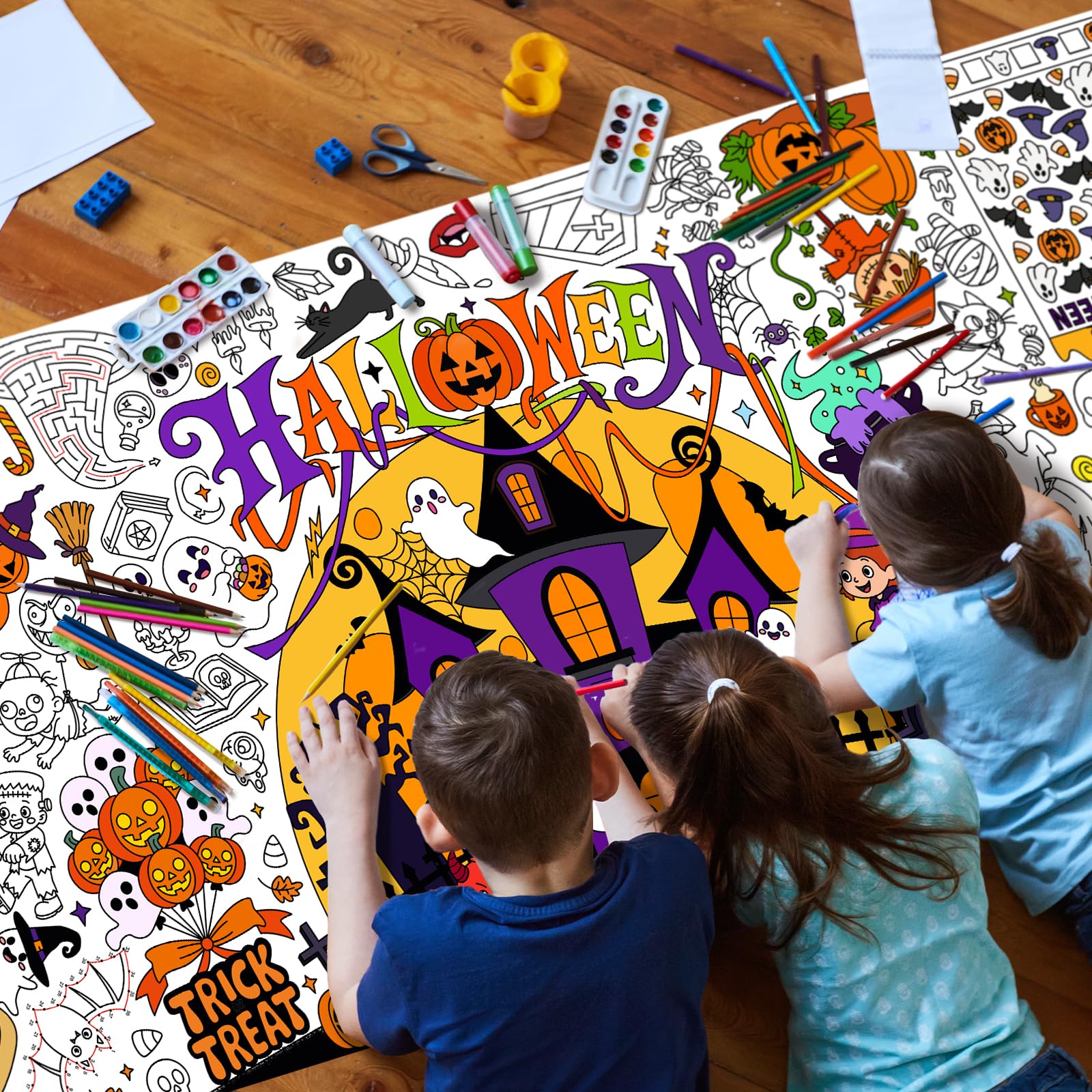 Halloween Activity Poster, 31.5 x 72 Inch Halloween Craft Paper Coloring Banner, Halloween Tablecloth for Kids, Halloween Decorations for School Party, Classroom Activities and Special Events